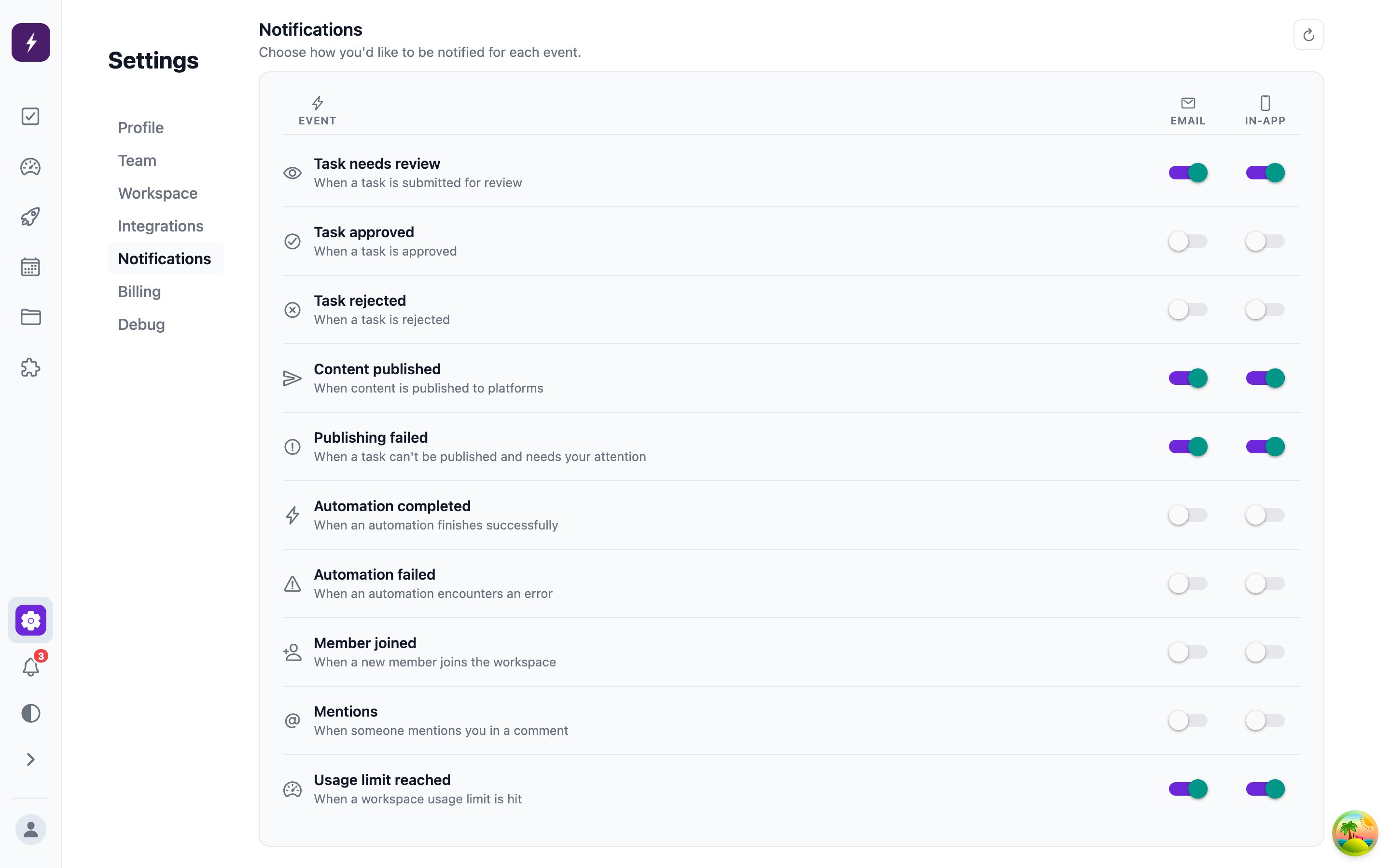 Notification preferences: per-event Email and In-app toggles