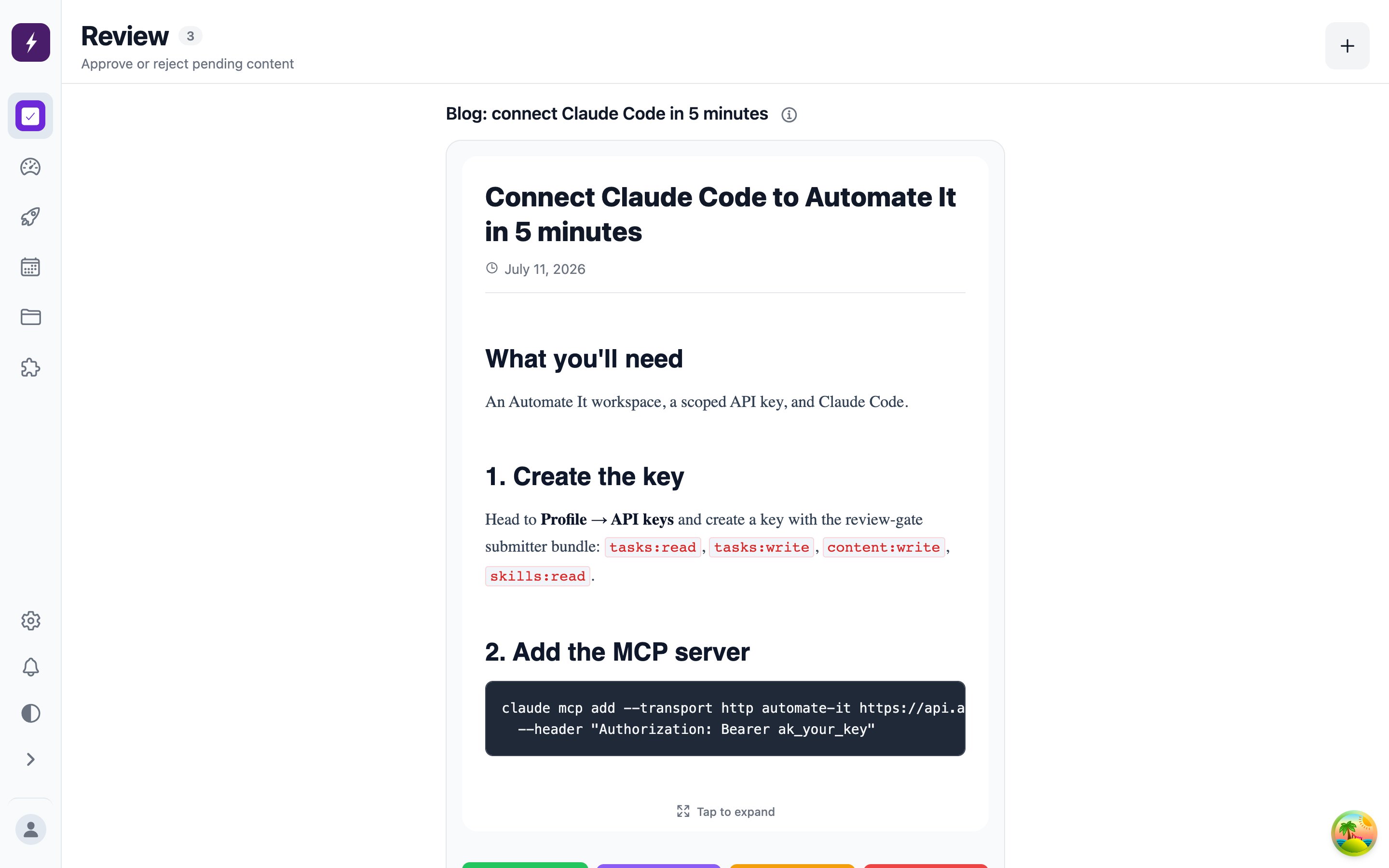 The review queue showing a drafted article with its generated cover image