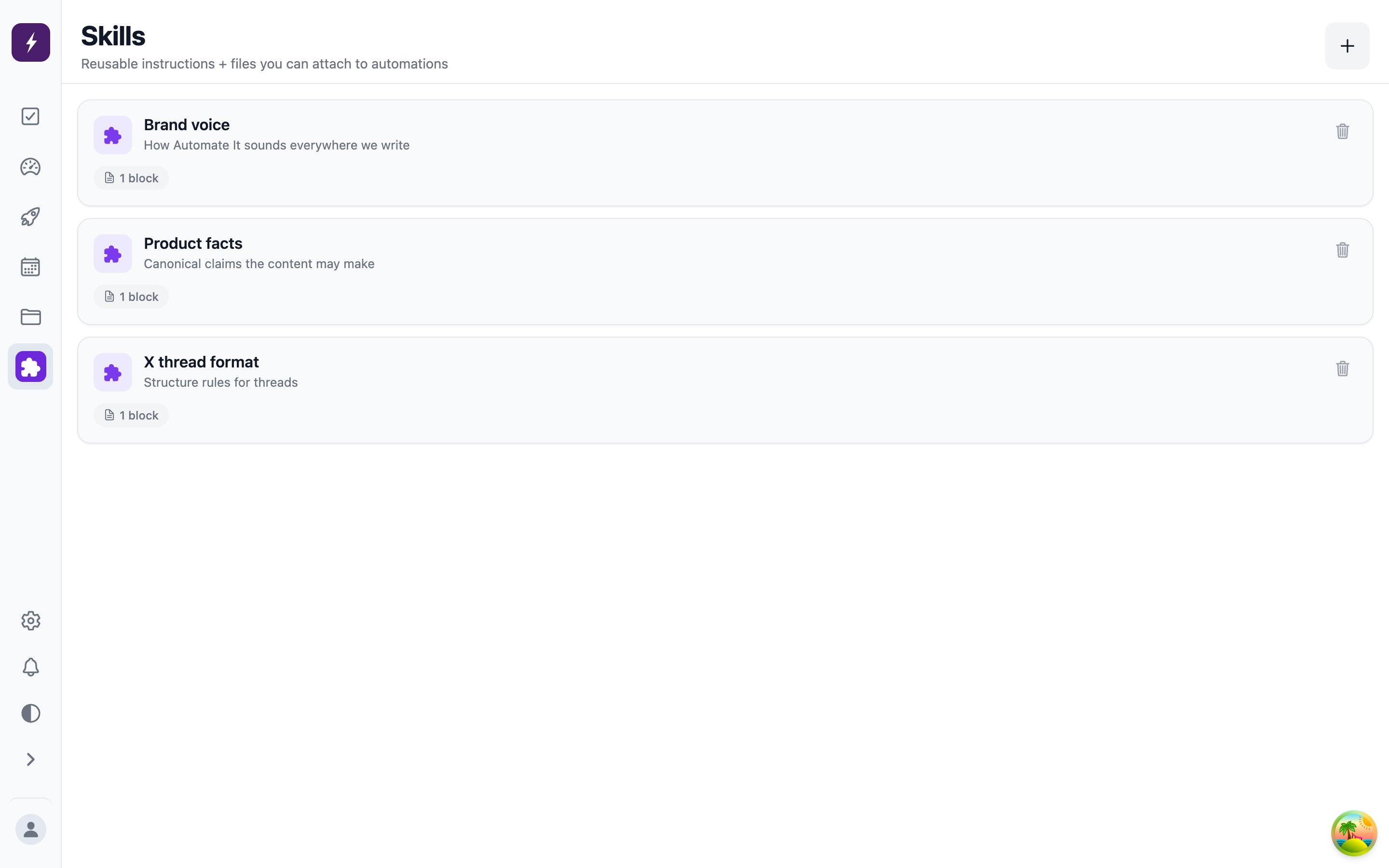 The Skills screen: reusable instruction bundles