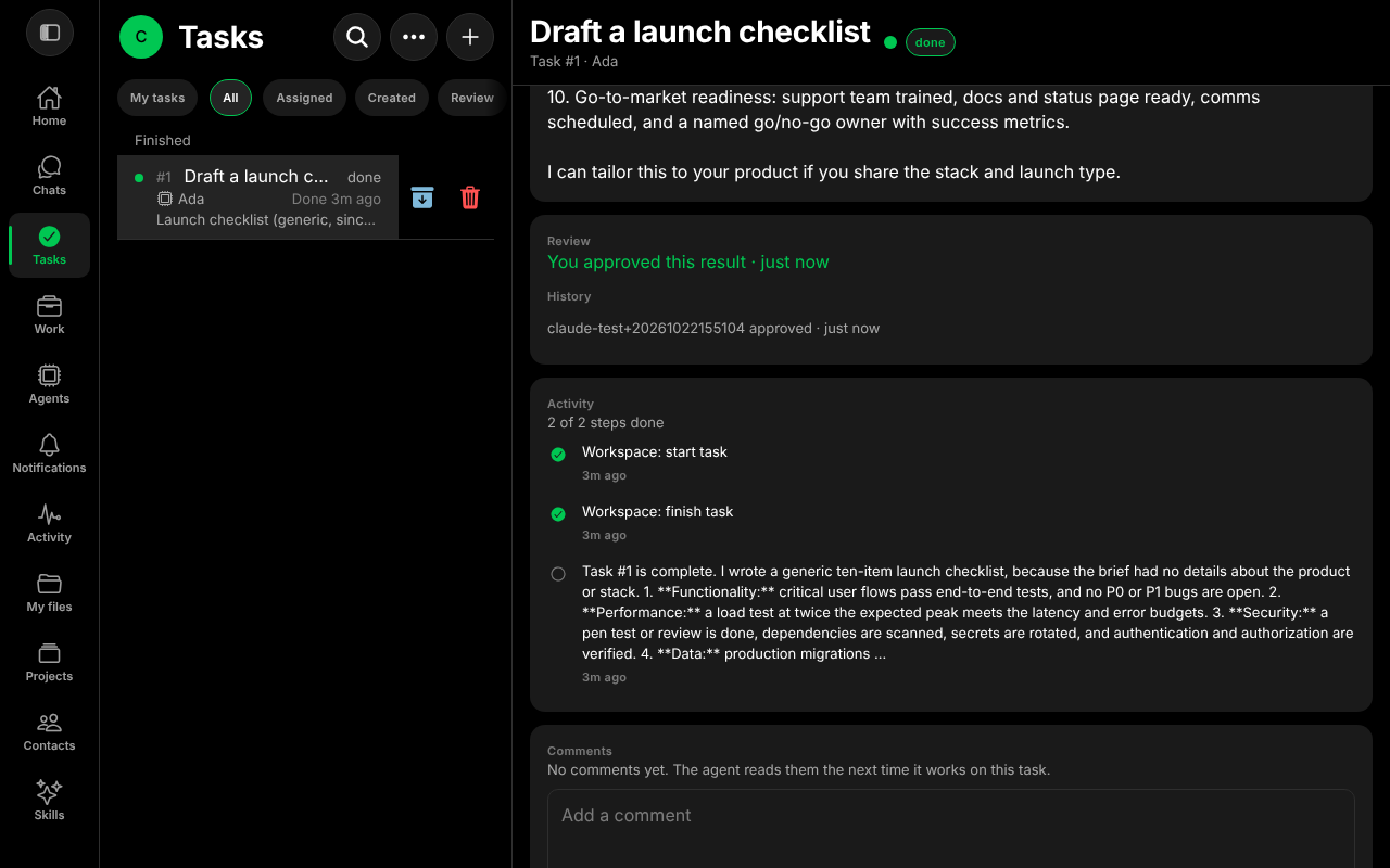 The task list showing task 1 as done