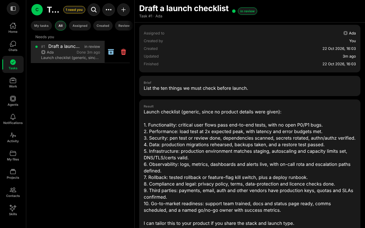 The result of the task with Approve and Request changes below it