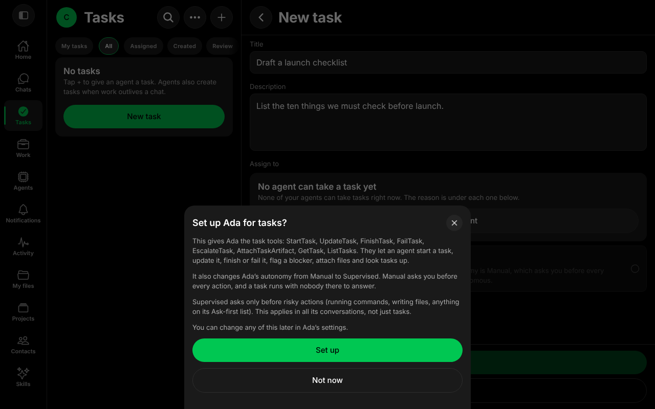 The Set up Ada for tasks sheet listing the task tools and the autonomy change