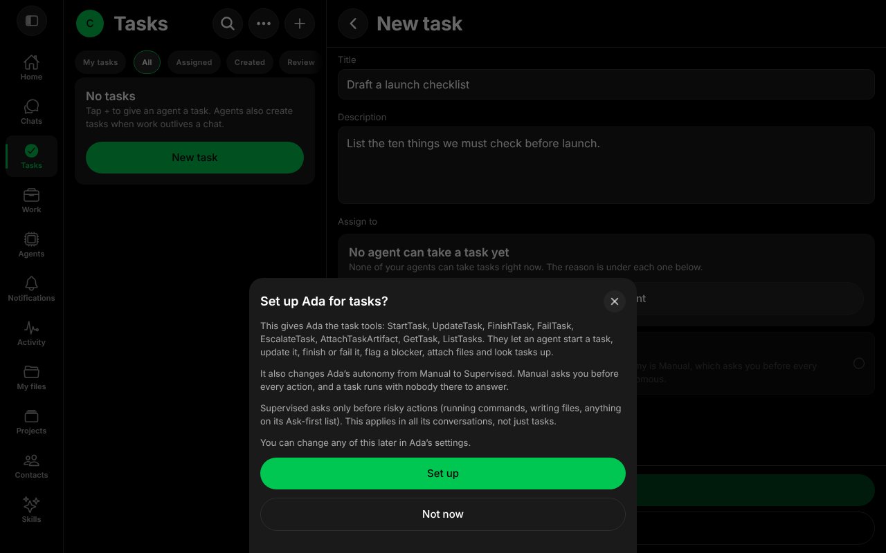 The Set up Ada for tasks sheet listing the task tools and the autonomy change