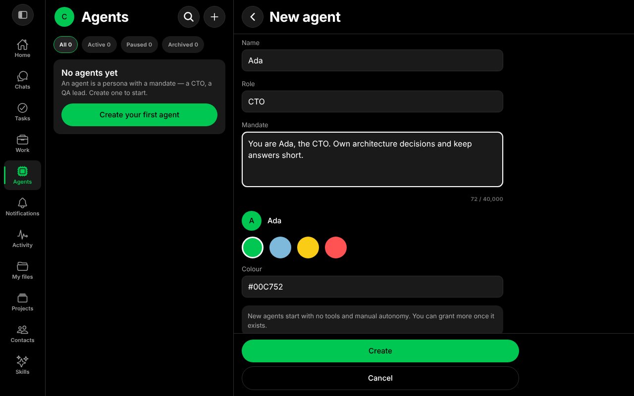 The New agent form with Name Ada, Role CTO and a mandate