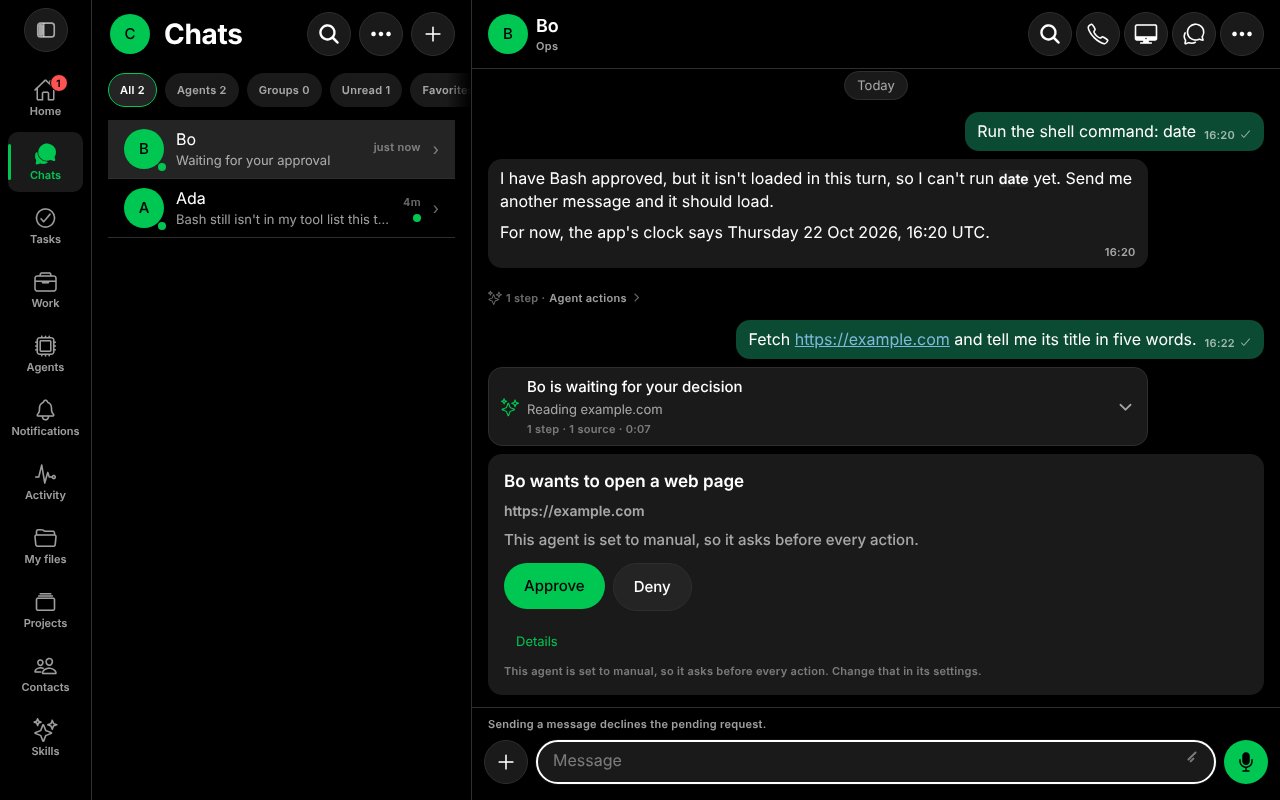 A card asking to open https://example.com with Approve and Deny buttons