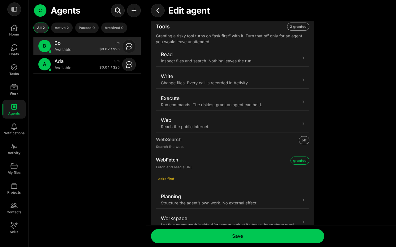 The tool list with WebFetch granted and asks first
