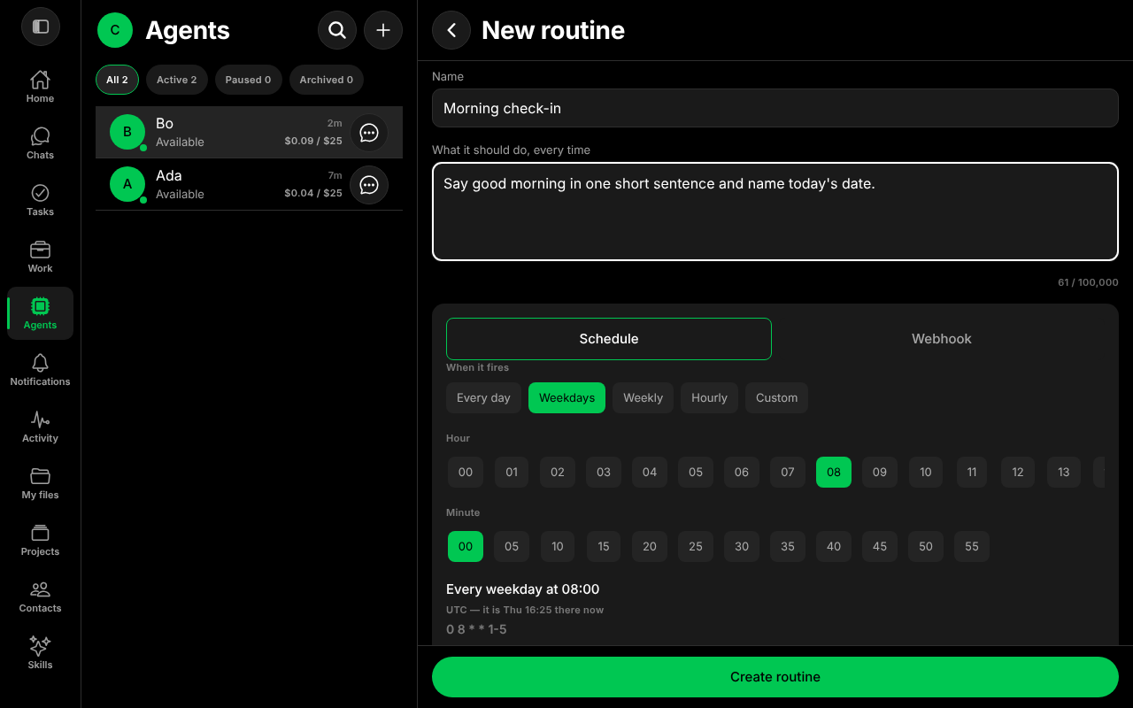 The New routine form with a name, an instruction and the schedule picker