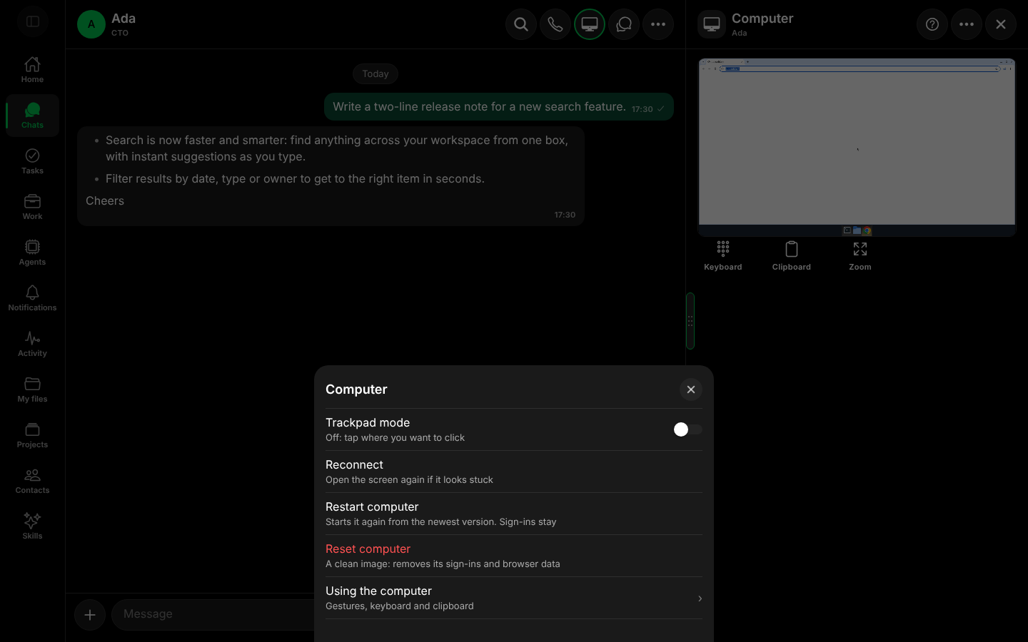 The Computer menu with Trackpad mode, Reconnect, Restart computer, Reset computer and Using the computer