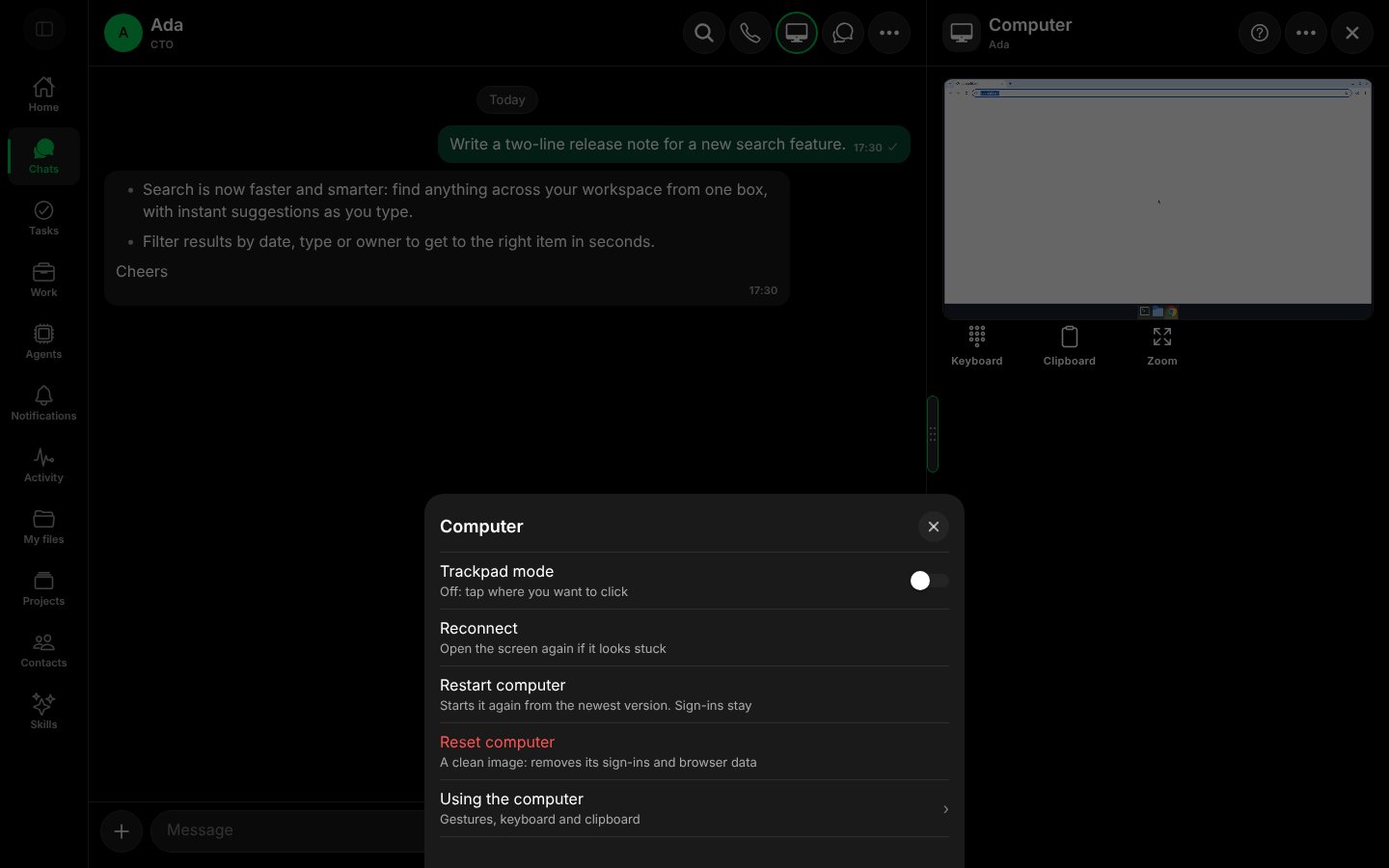 The Computer menu with Trackpad mode, Reconnect, Restart computer, Reset computer and Using the computer