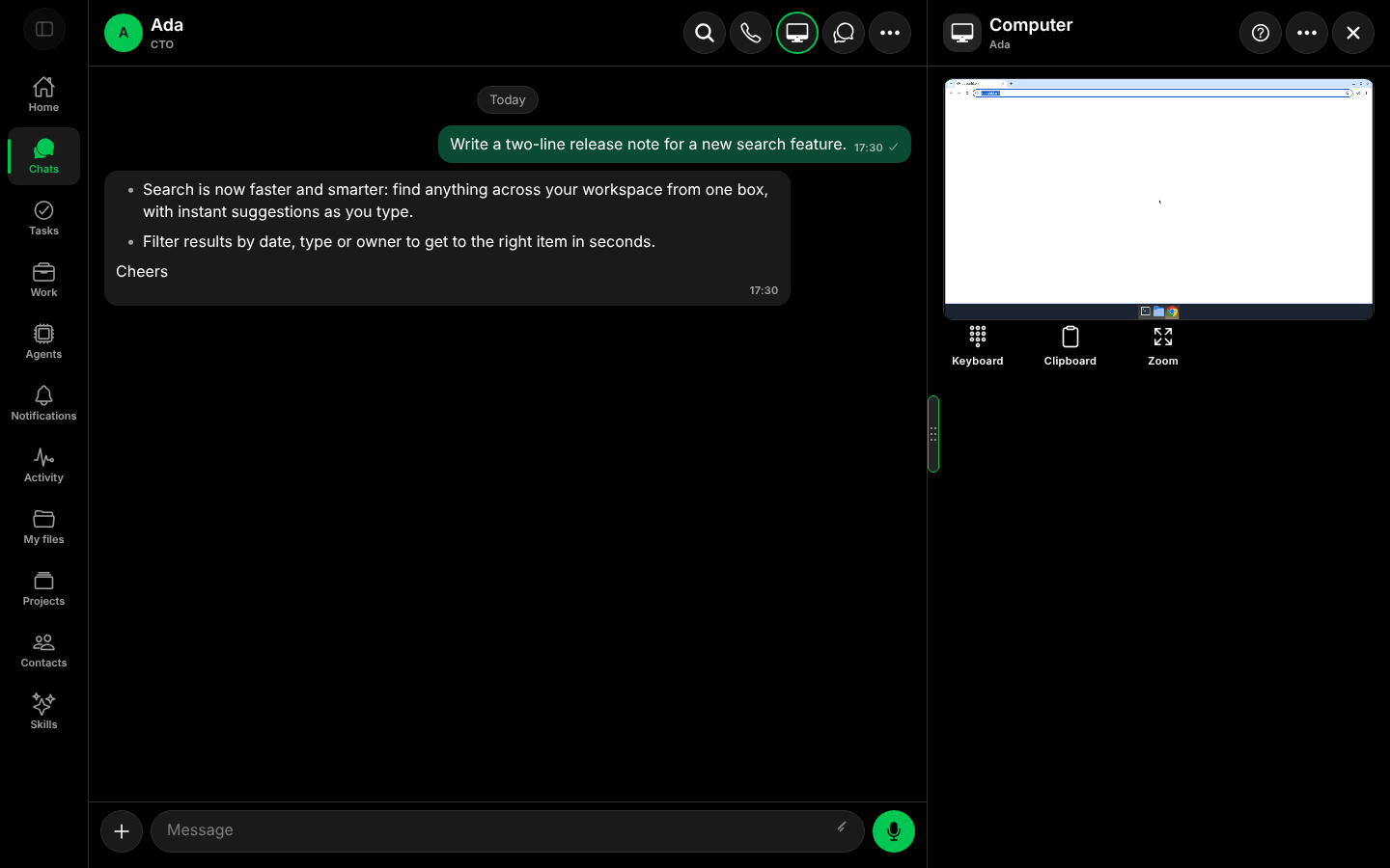 A chat with the Computer panel open on the right, showing a browser and the Keyboard, Clipboard and Zoom buttons