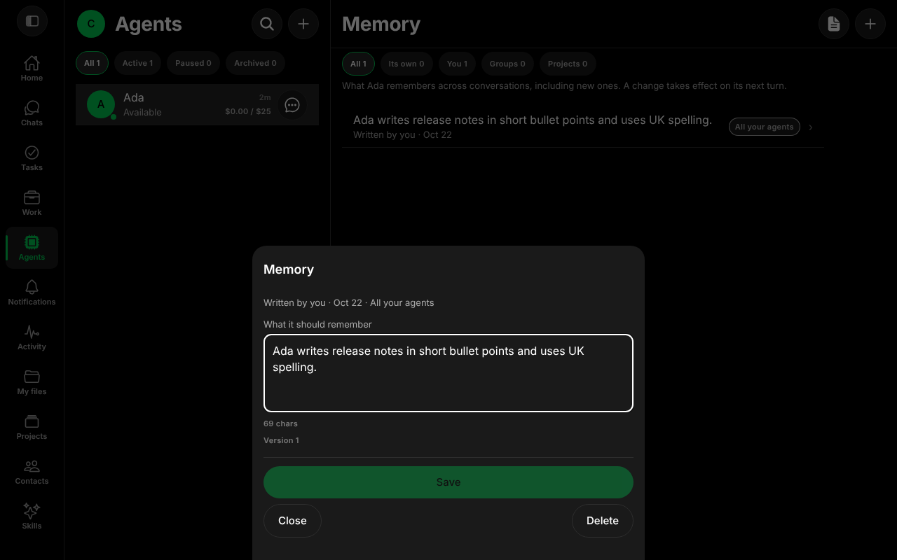 The Memory sheet with the text, the character count, Save, Close and Delete