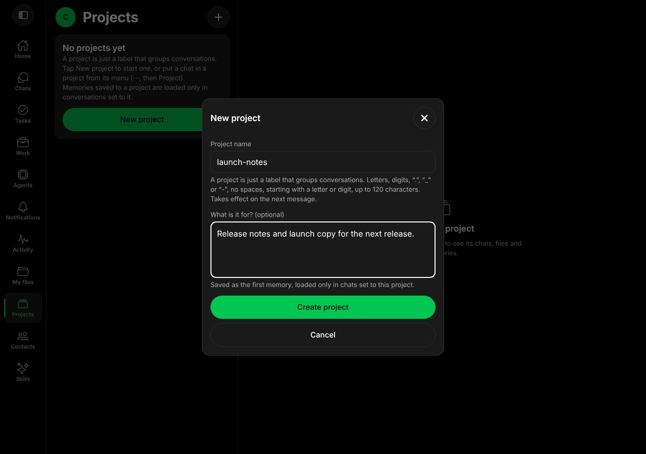 The New project sheet with a name and a description