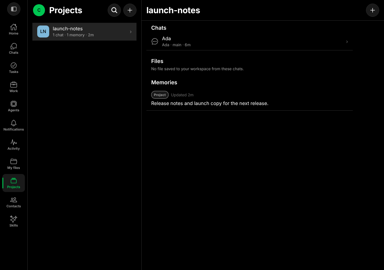 The launch-notes project with one chat, no files and one memory