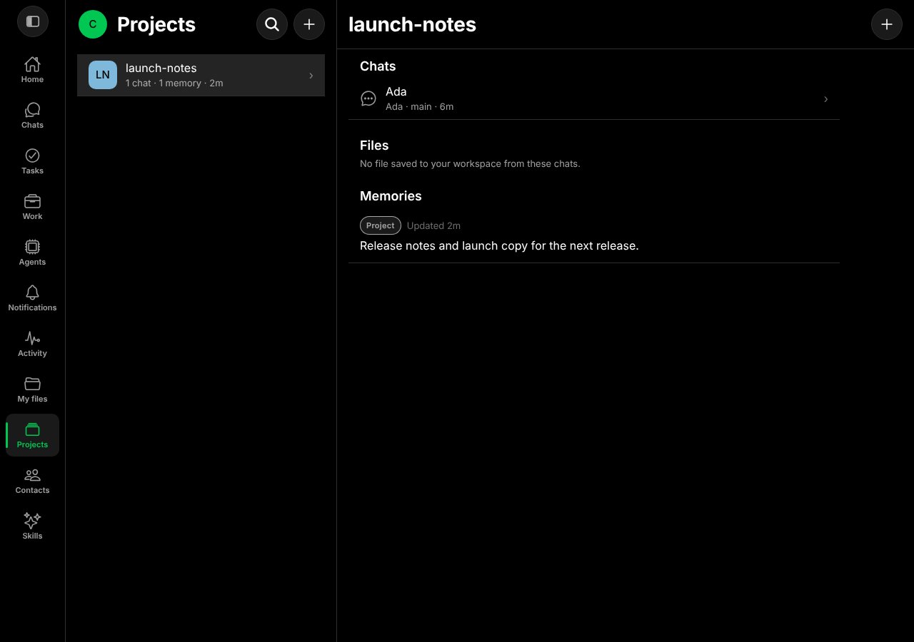 The launch-notes project with one chat, no files and one memory