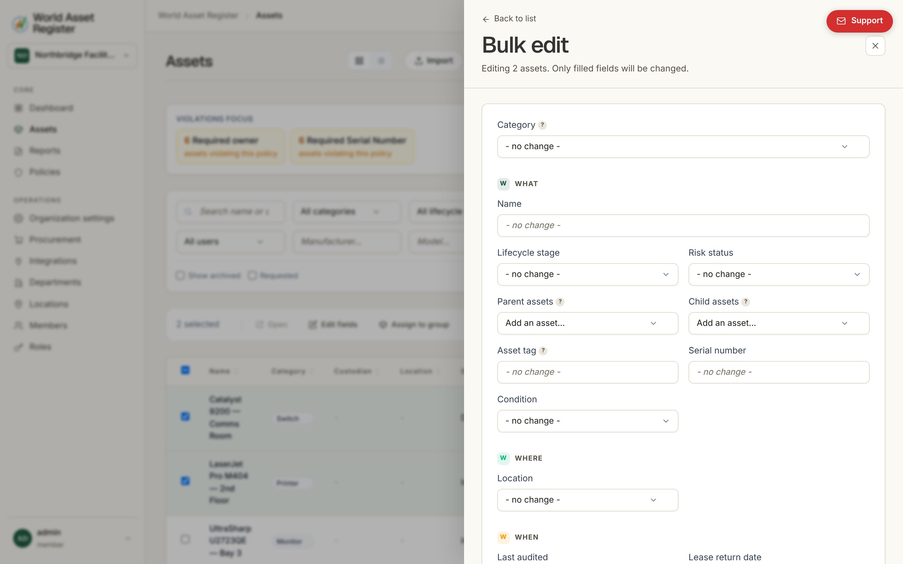The bulk edit panel