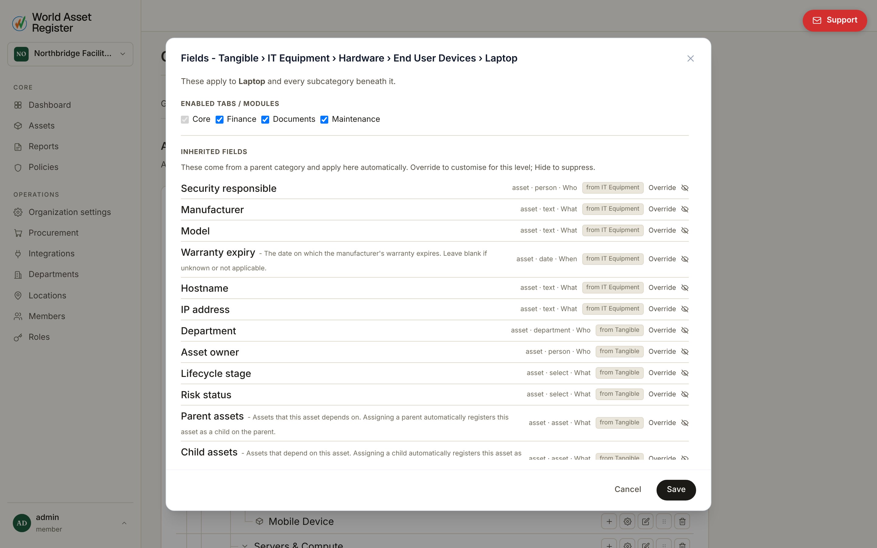 Editing fields for a category