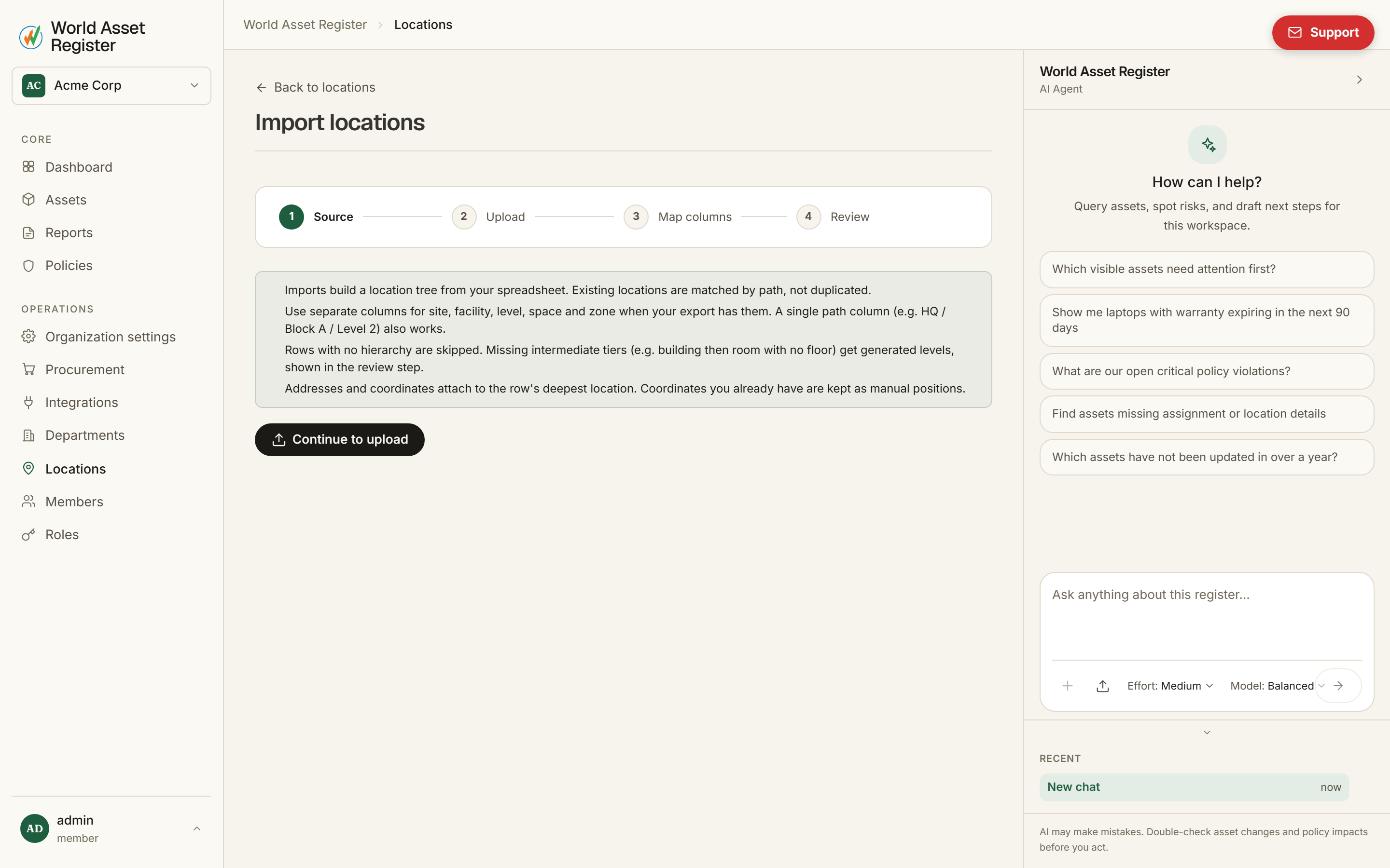 Bulk location import screen