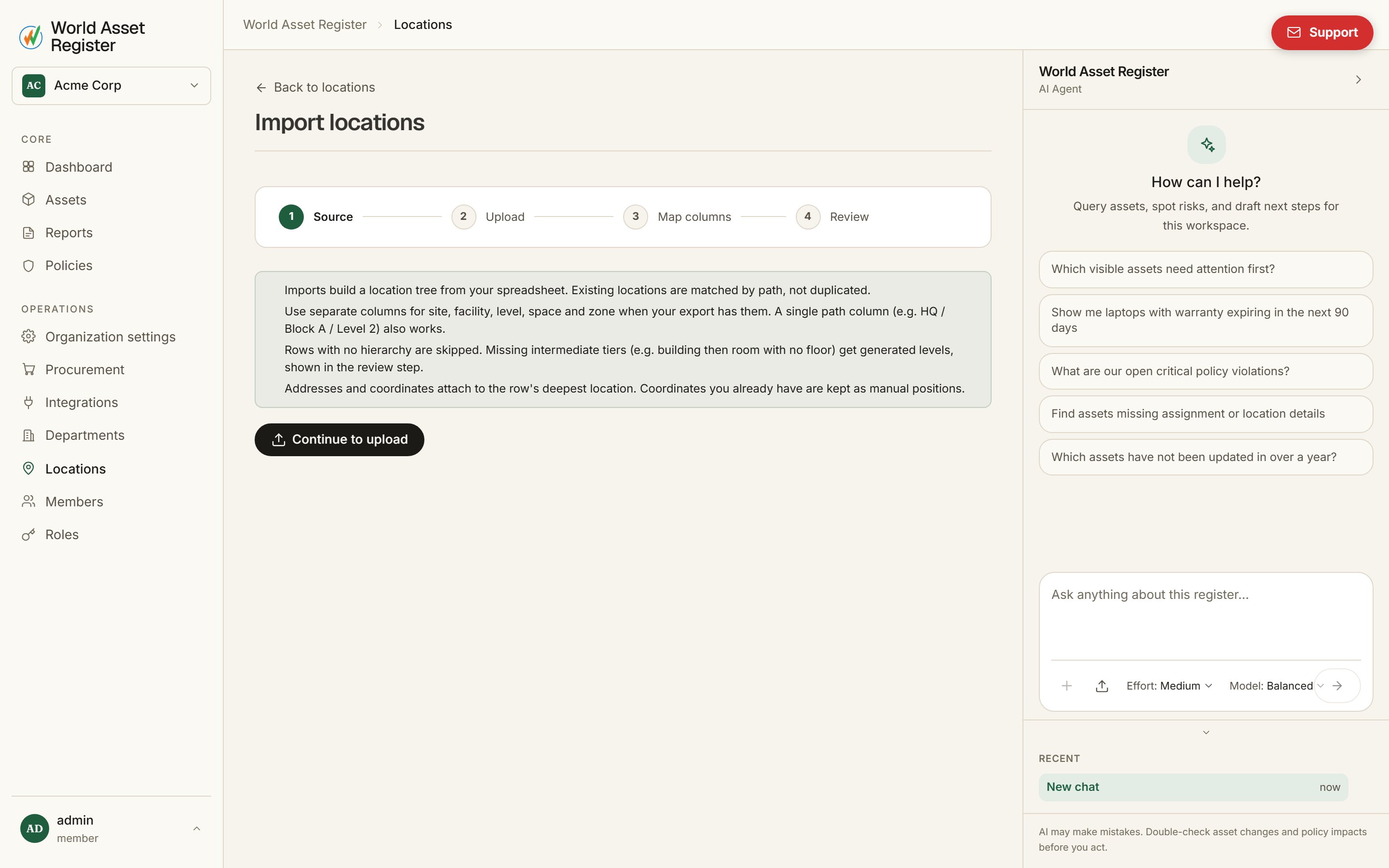 Bulk location import screen