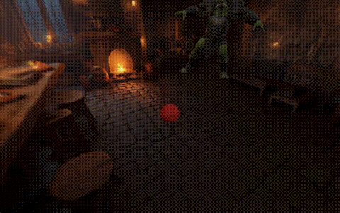 Interactive tavern demo with physics projectiles in a Gaussian splat scene