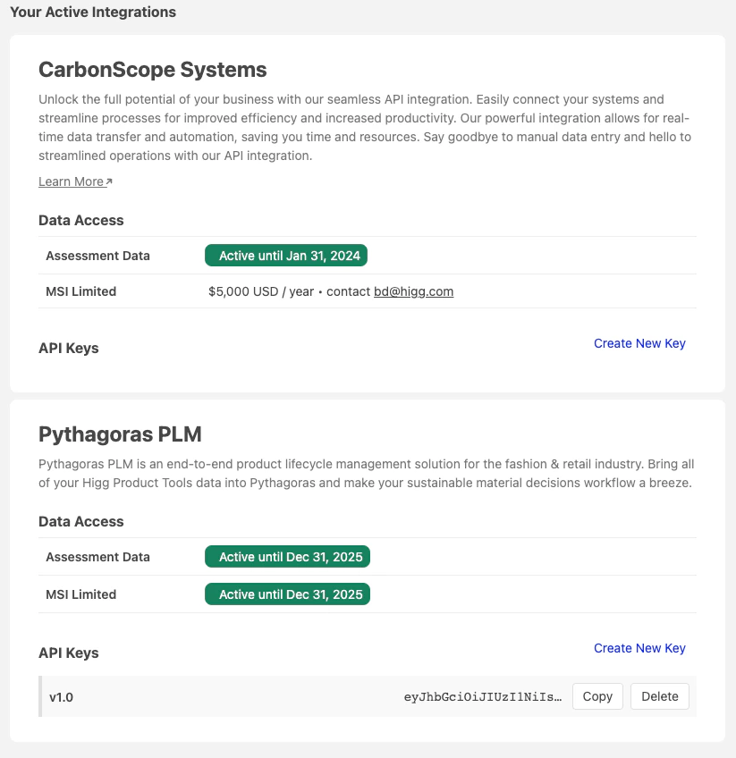 Integrations view — API keys