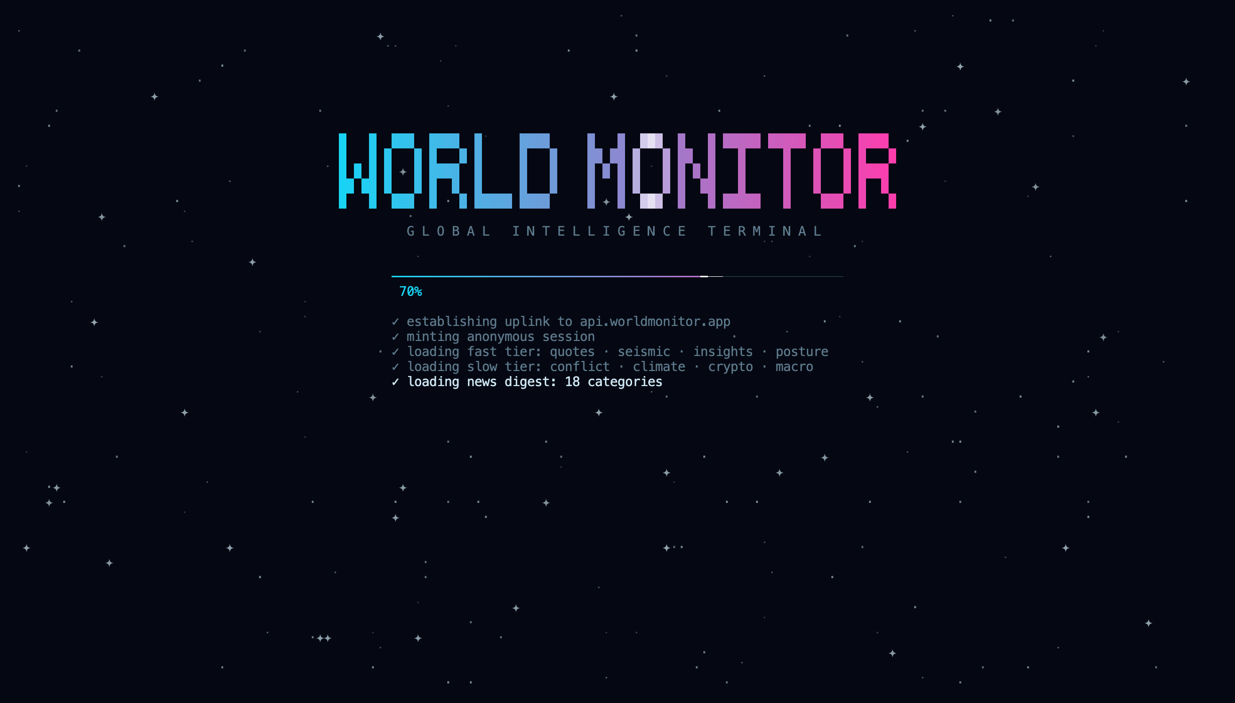 Startup screen with the World Monitor logo and loading progress