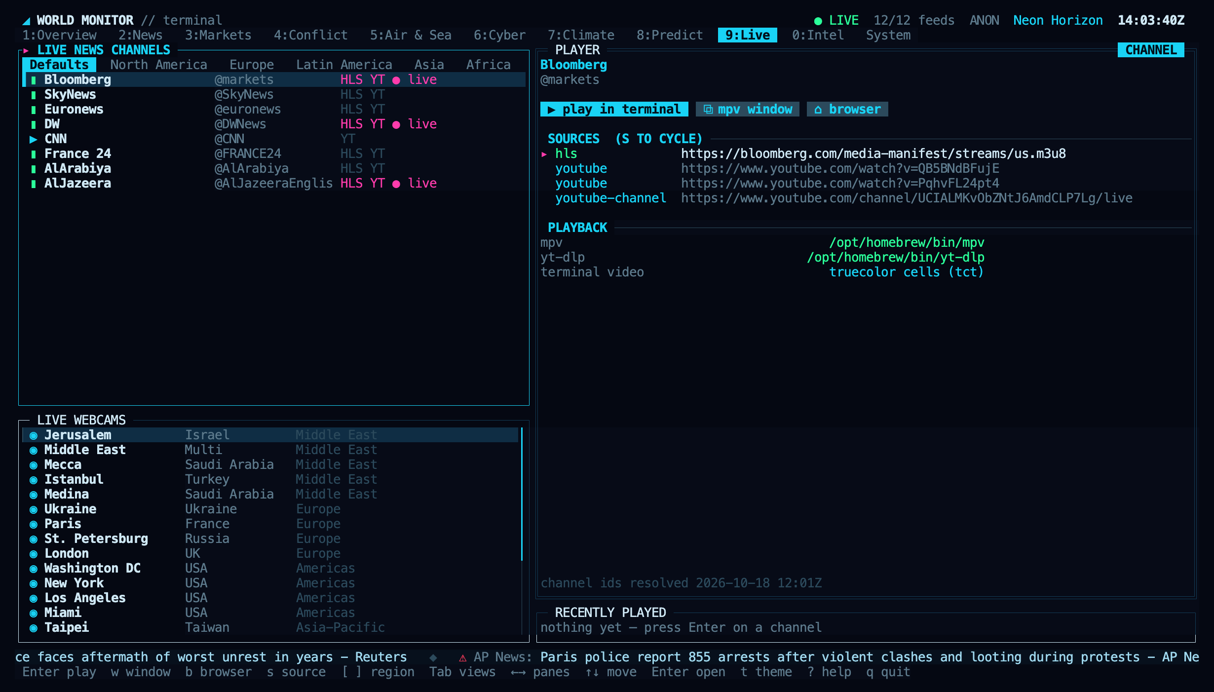 Live view with news channels, webcams and player controls