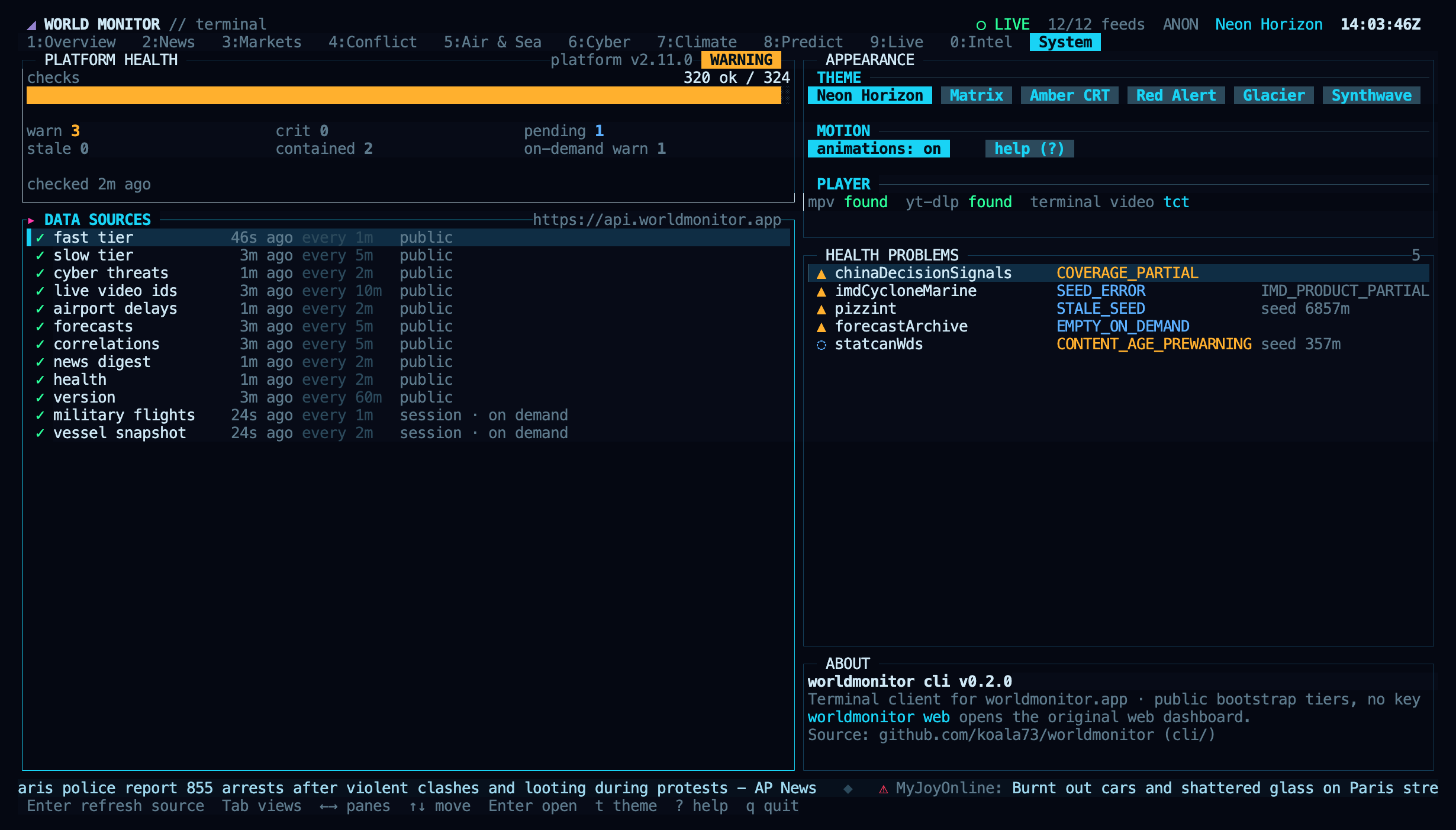 System view with platform health and data source freshness