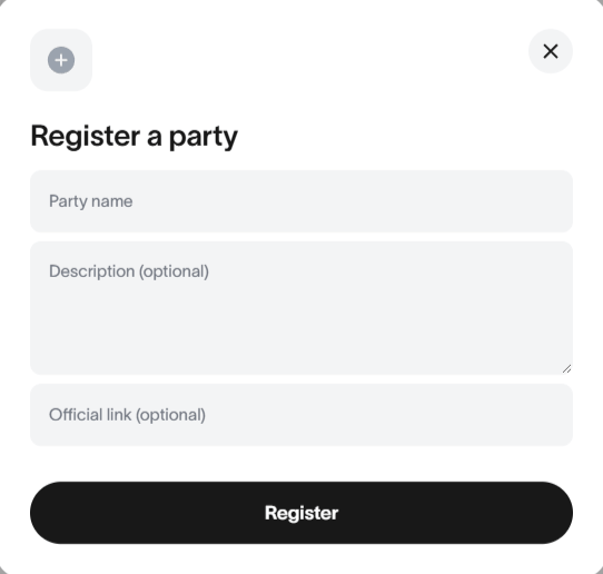 Register a party dialog