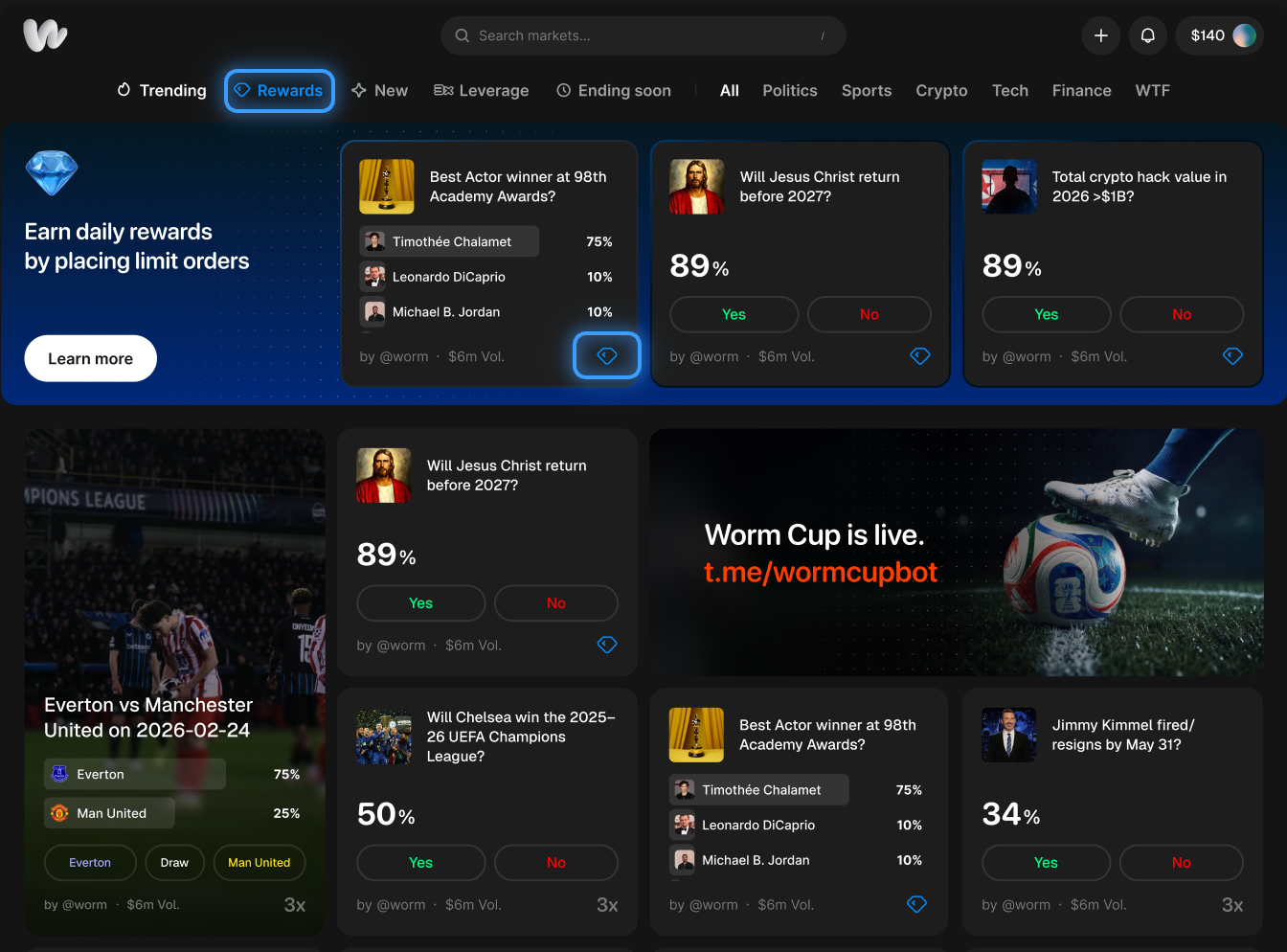 The Rewards tab in the top navigation and the blue diamond on a rewards market card