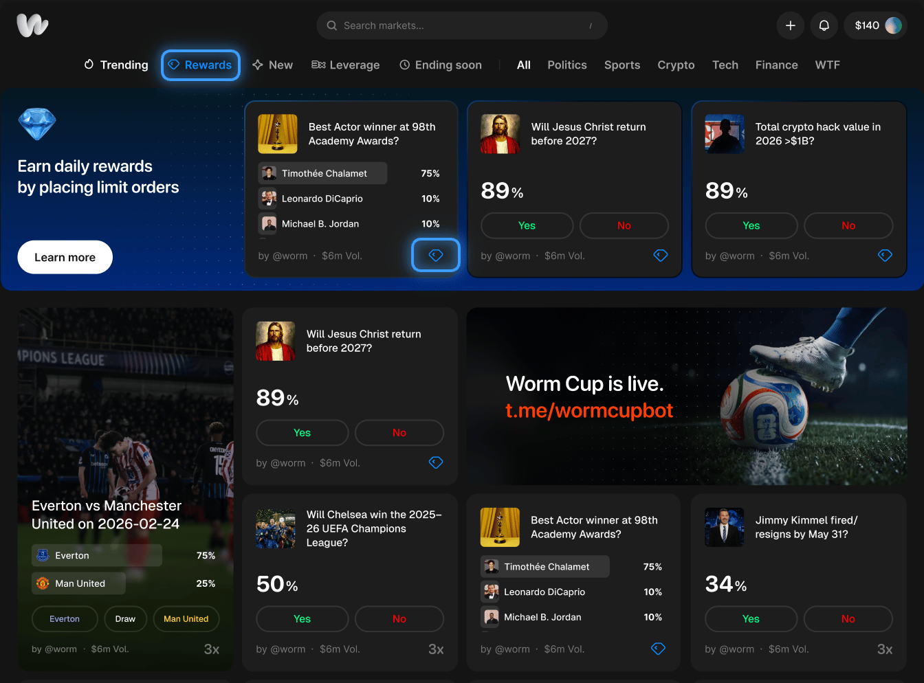 The Rewards tab in the top navigation and the blue diamond on a rewards market card