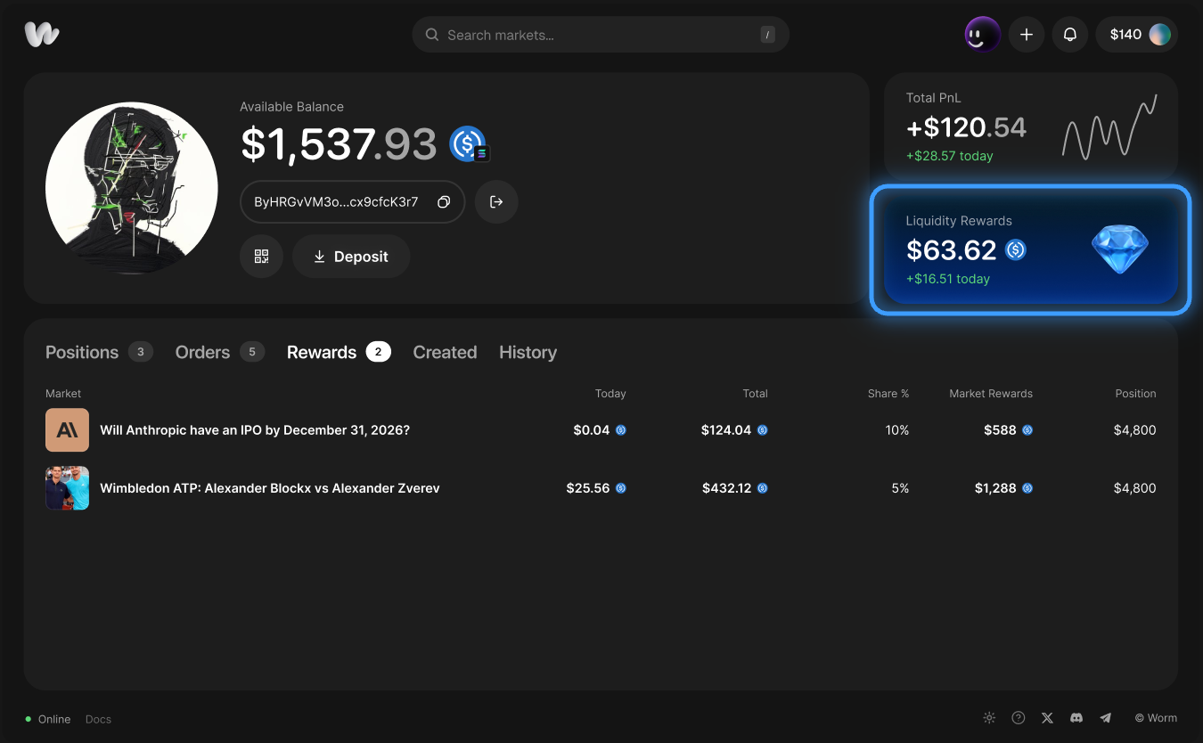 Liquidity Rewards card on the profile showing total and today's earnings