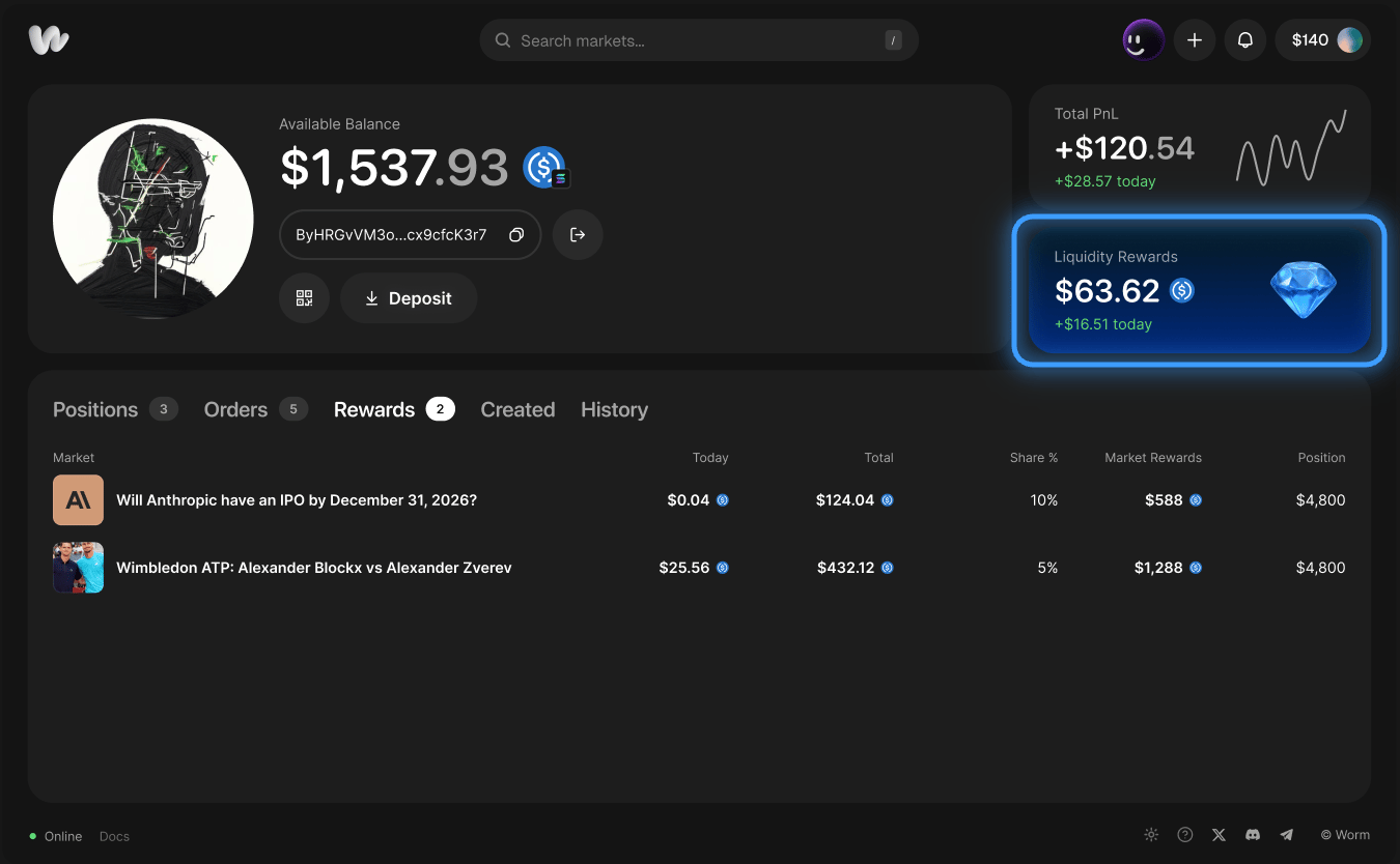 Liquidity Rewards card on the profile showing total and today's earnings