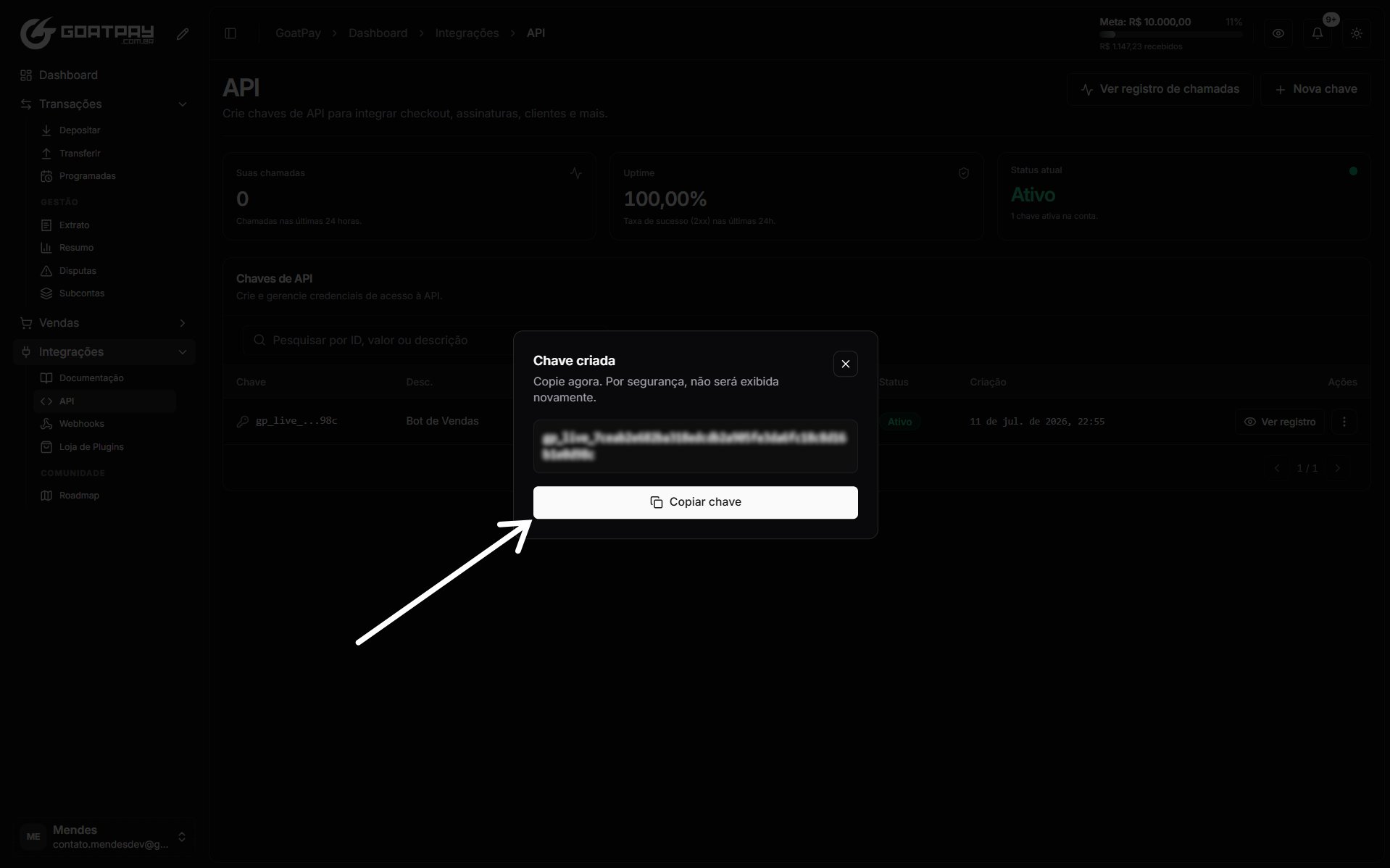 Modal Chave criada com o secret wp_live_ e botão Copiar chave