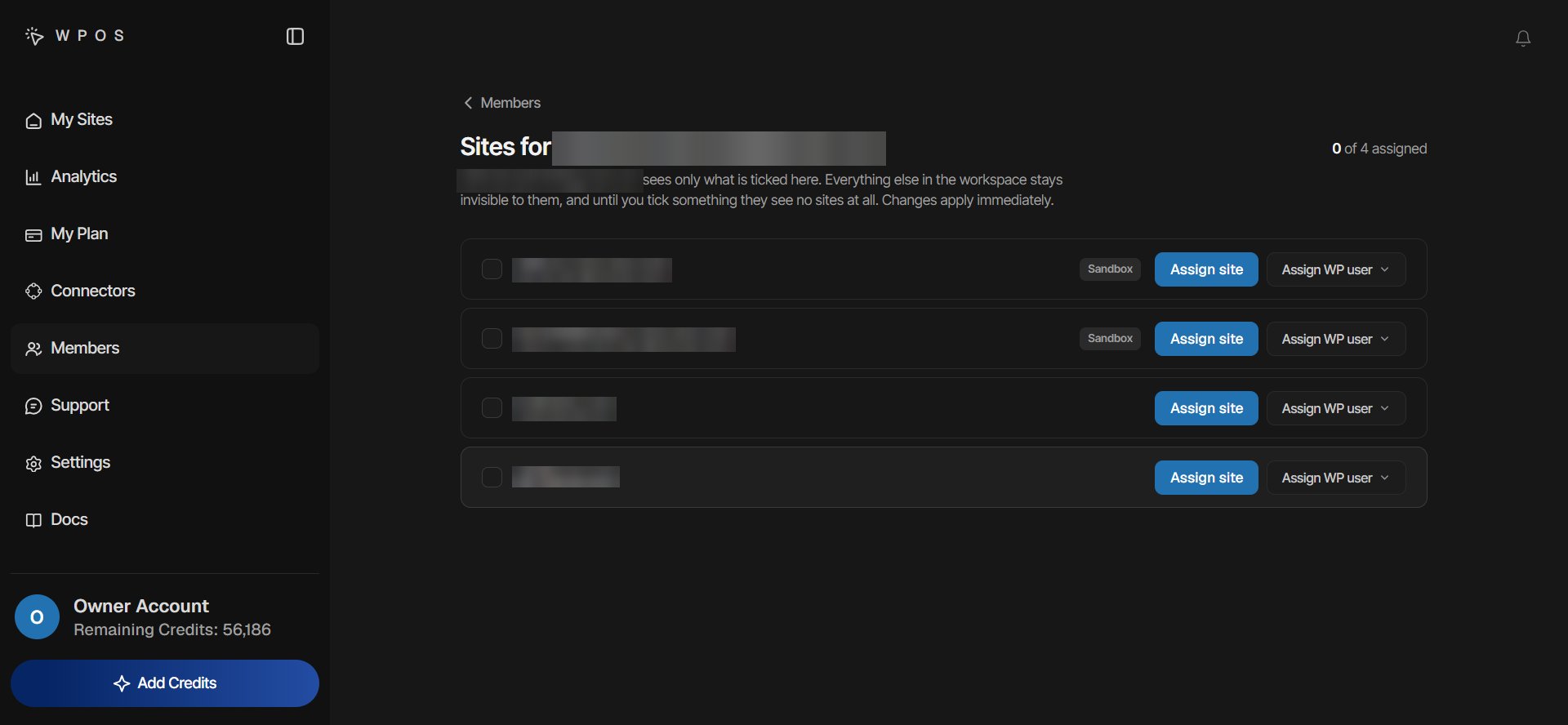 The WPOS Sites for page listing four sites, two tagged Sandbox, each with an Assign site button and an Assign WP user menu, and a count of 0 of 4 assigned.