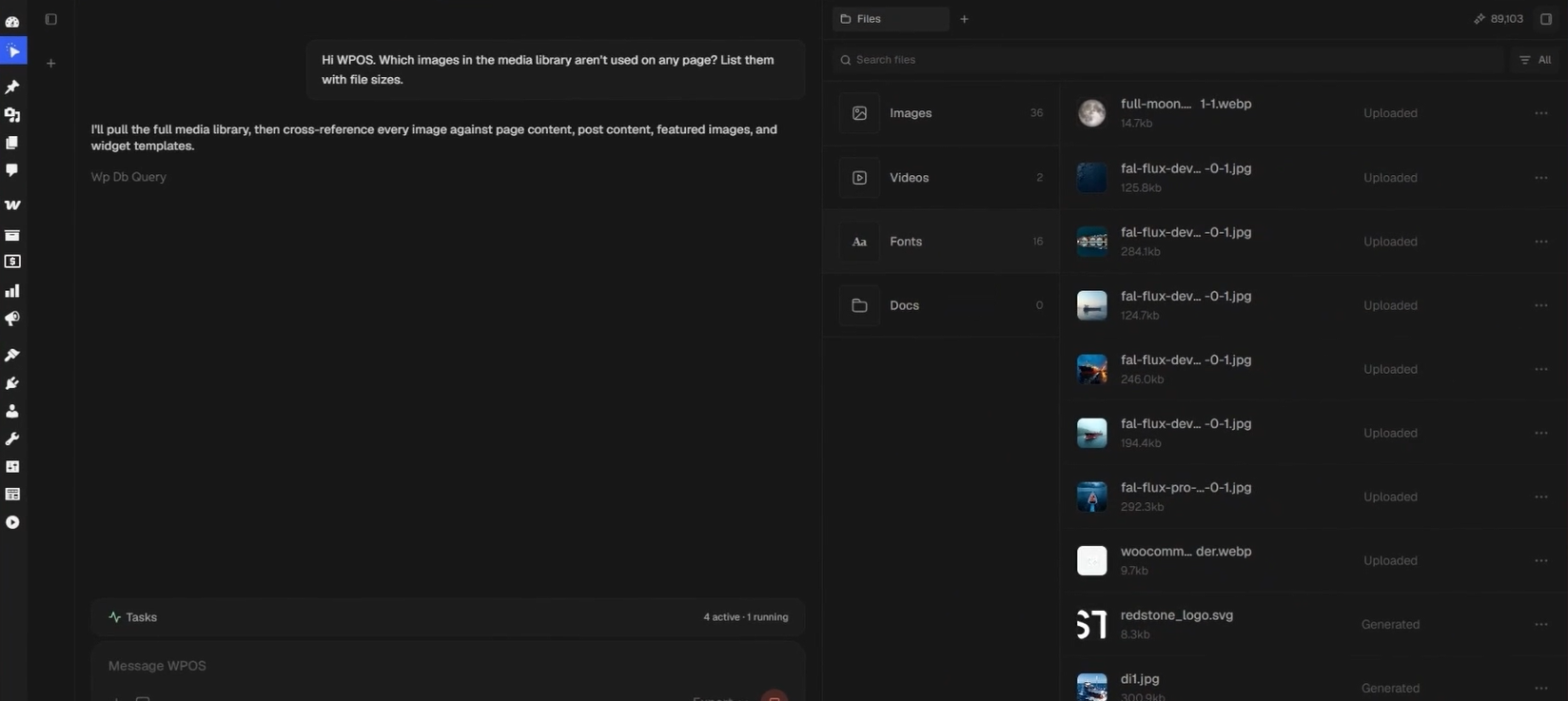 The WPOS Files surface beside the chat, showing Images, Videos, Fonts, and Docs groups with counts, a search box, and a list of image files with their sizes, each marked Uploaded or Generated.