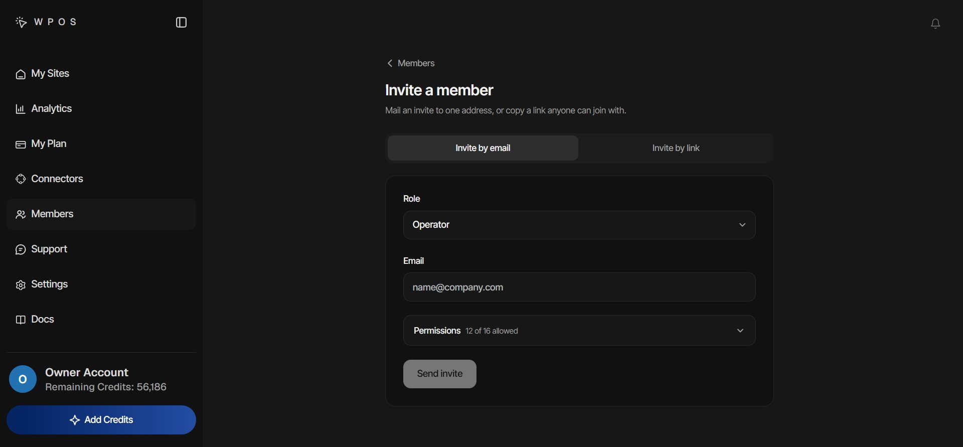 The WPOS Invite a member screen on the Invite by email tab, with a Role dropdown set to Operator, an Email field, a Permissions strip showing 12 of 16 allowed, and a Send invite button.