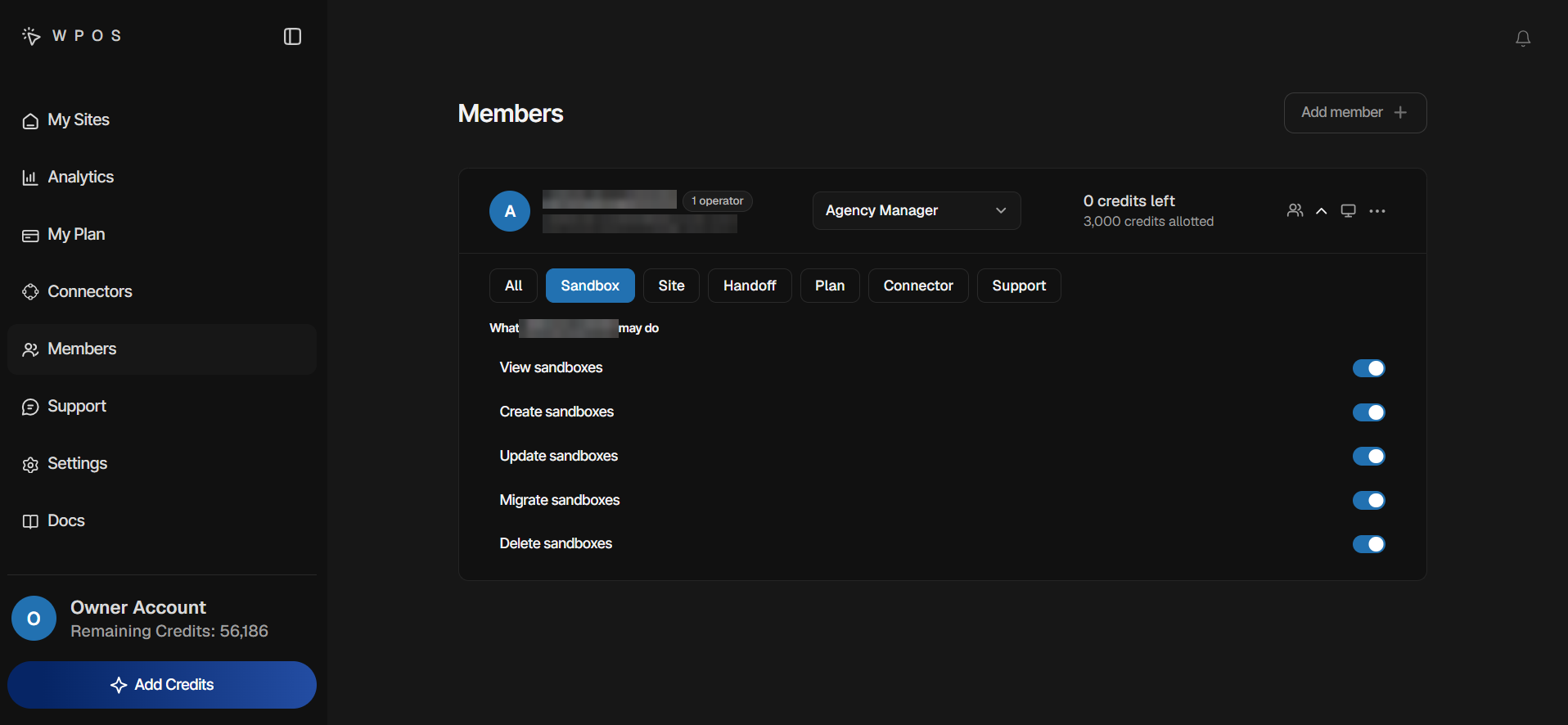 An Agency Manager's row on the Members page opened to show area filter chips and permission switches for viewing, creating, updating, migrating, and deleting sandboxes.