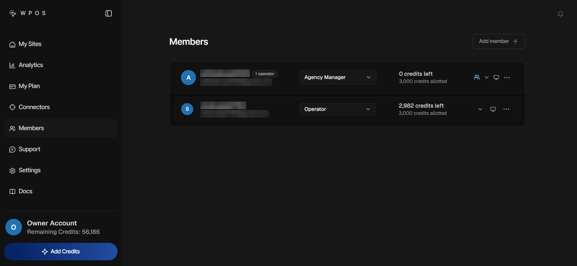 The Members page showing an Agency Manager with a 1 operator badge and, nested under them, their Operator, each with a role and a credit budget.