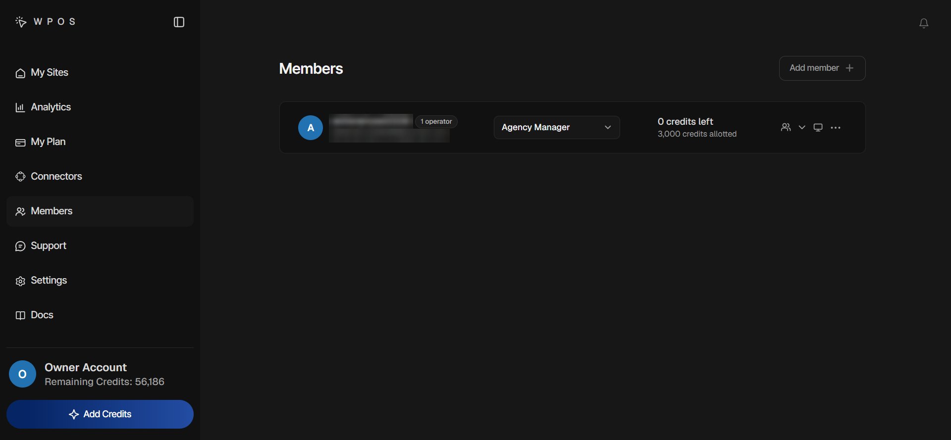The WPOS Members page listing an Agency Manager with a role dropdown, credits left and allotted, and icons for the team, permissions, assign sites, and more actions.