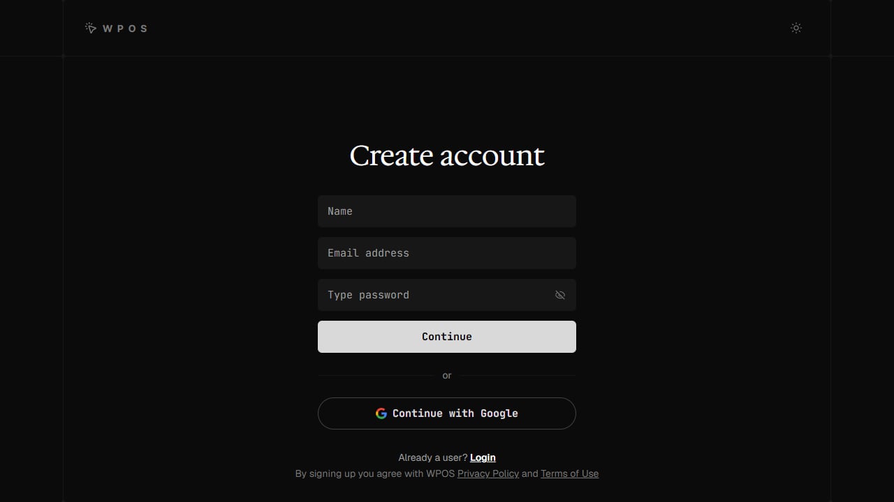 The WPOS Create account screen with name, email address, and password fields, a Continue button, and a Continue with Google option.