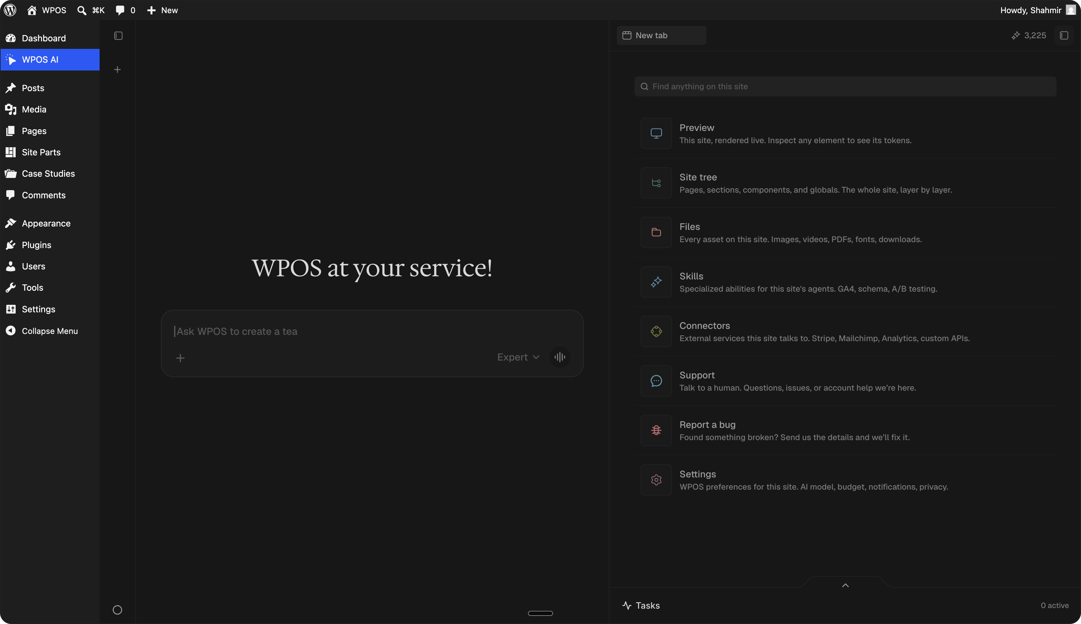 The WPOS Command Center inside wp-admin, showing the chat panel next to the site, with Preview, Site tree, Files, and other surfaces listed on the right.