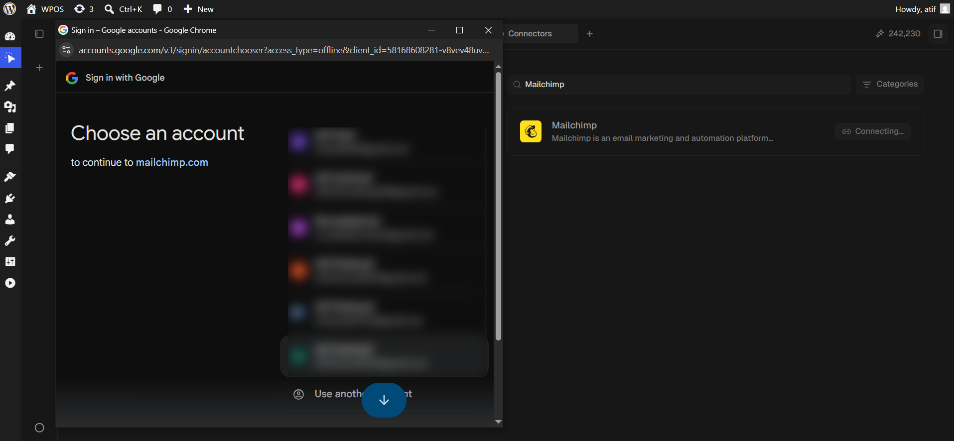 Google's account chooser, headed to continue to mailchimp.com.