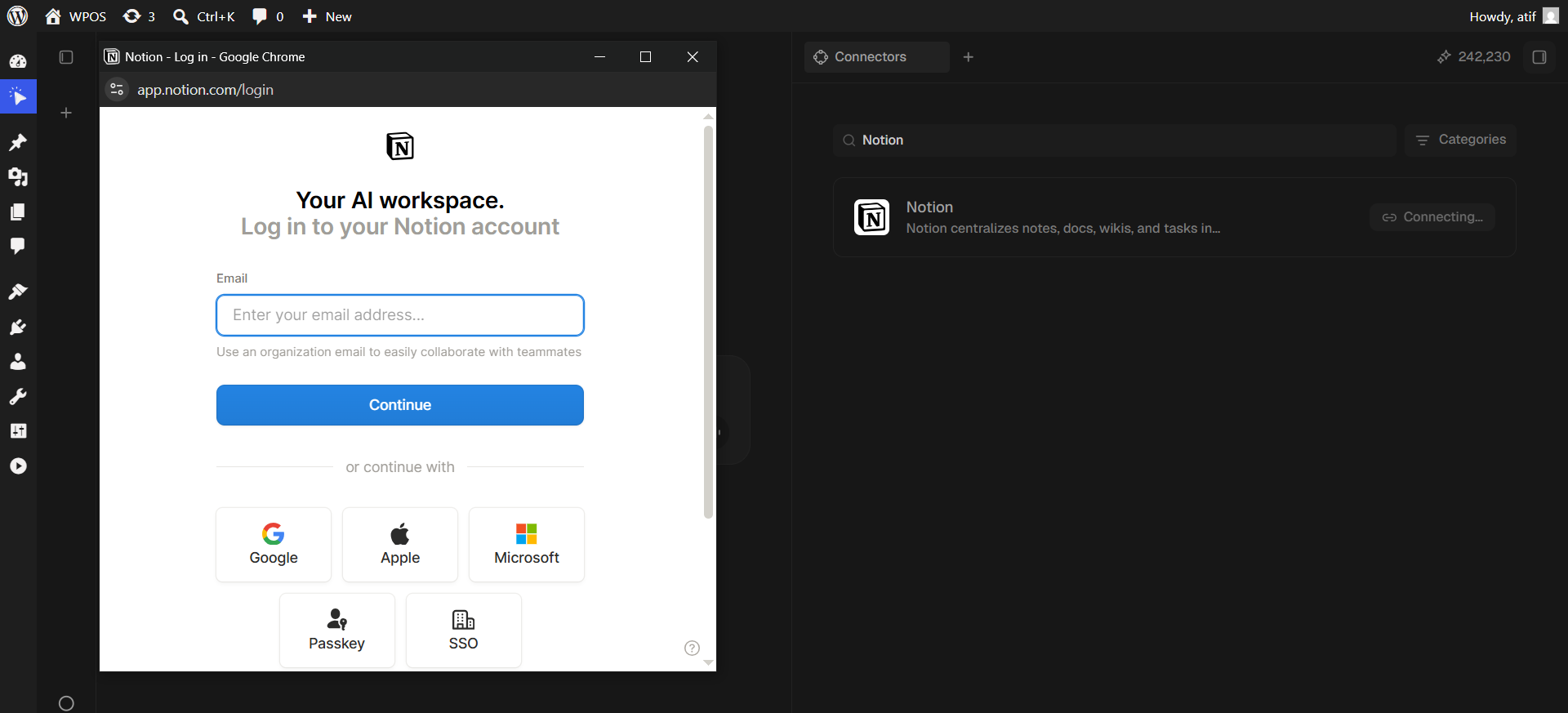 Notion's login page with email, Google, Apple, Microsoft, Passkey, and SSO options.