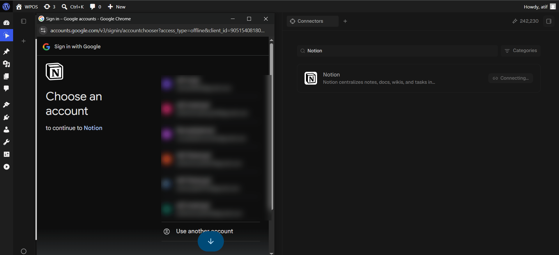 Google's account chooser, headed to continue to Notion.