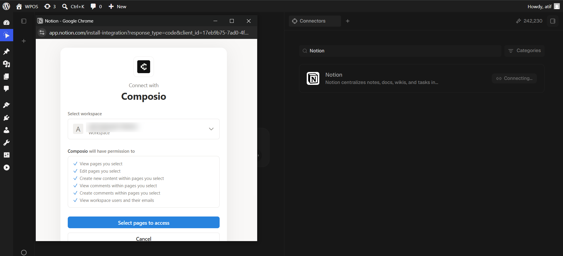 The Notion connect screen with a workspace dropdown and a list of six permissions.