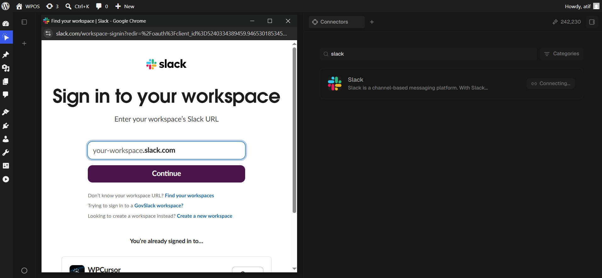 Slack's sign in to your workspace page with a workspace URL field.
