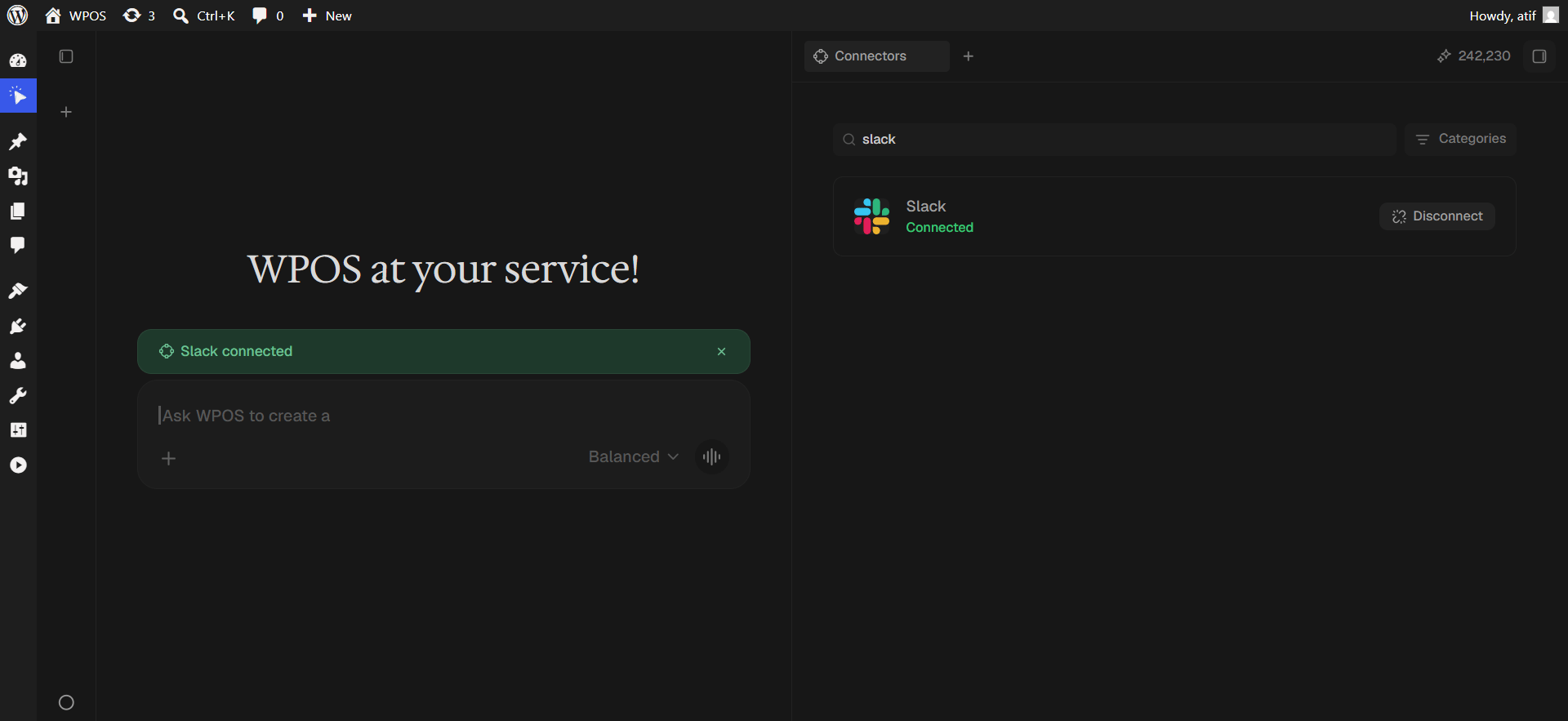 The Slack row showing Connected with a Disconnect button.