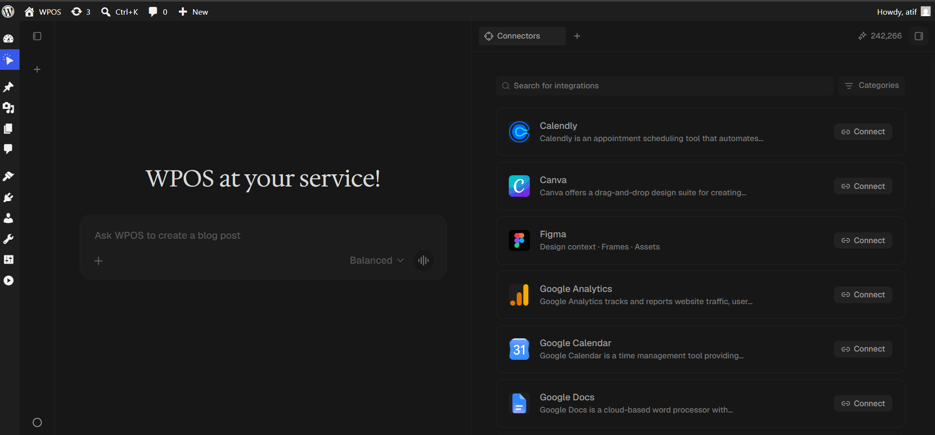 The WPOS Connectors panel listing Calendly, Canva, Figma, Google Analytics, Google Calendar, and Google Docs.