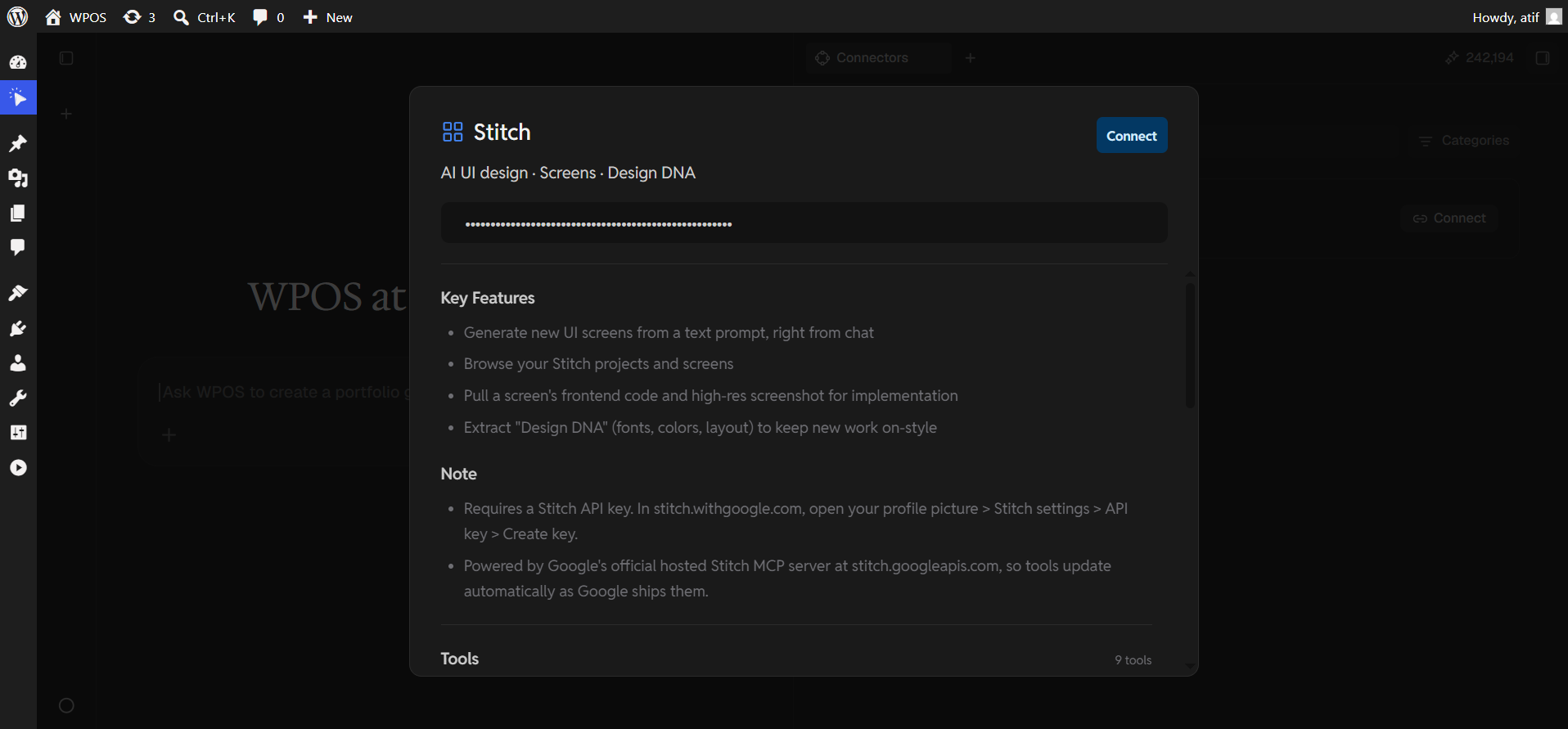 The WPOS Stitch panel showing a key field, key features, notes, and a tools count of nine.