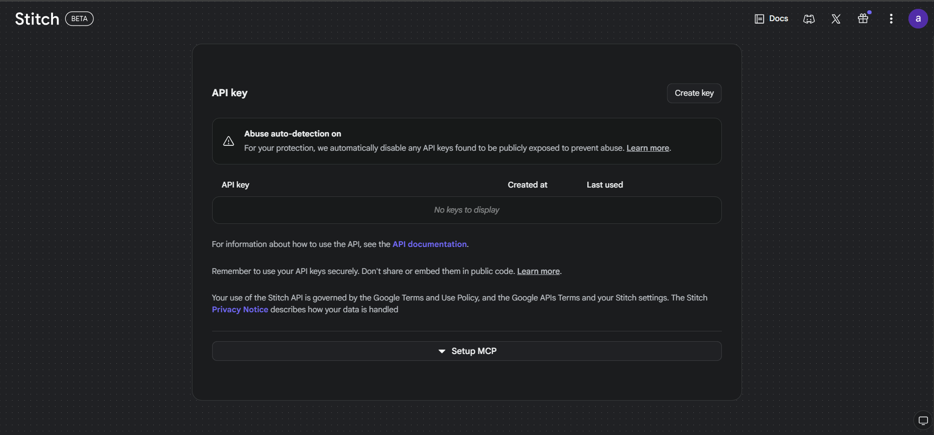 The Stitch API key page showing no keys to display, with a Create key button and an abuse auto-detection notice.